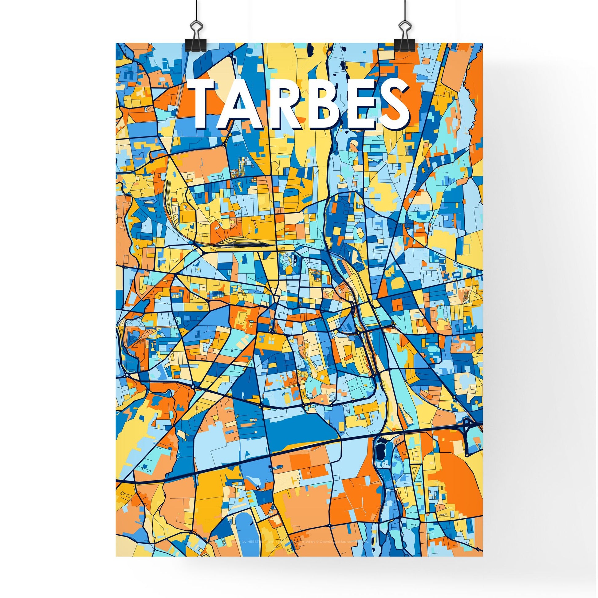 TARBES FRANCE Vibrant Colorful Art Map Poster Blue Orange