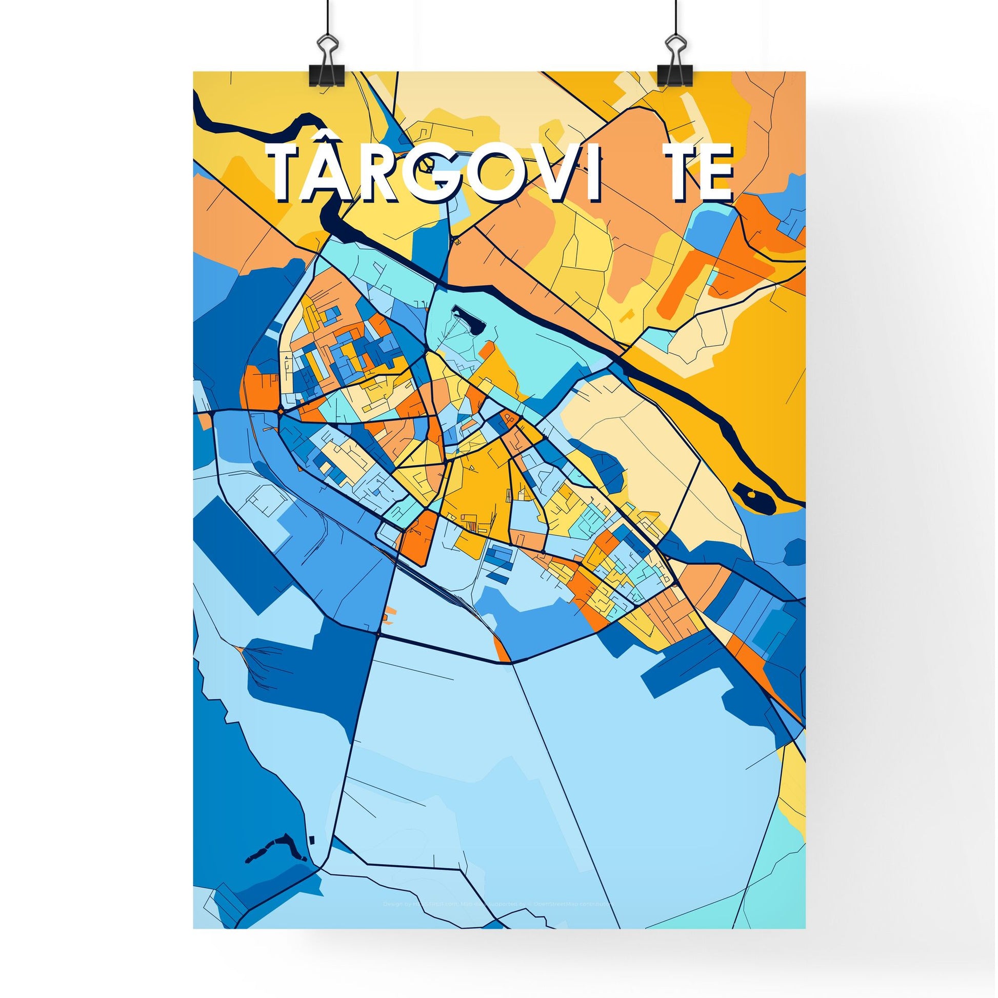 TÂRGOVIȘTE ROMANIA Vibrant Colorful Art Map Poster Blue Orange