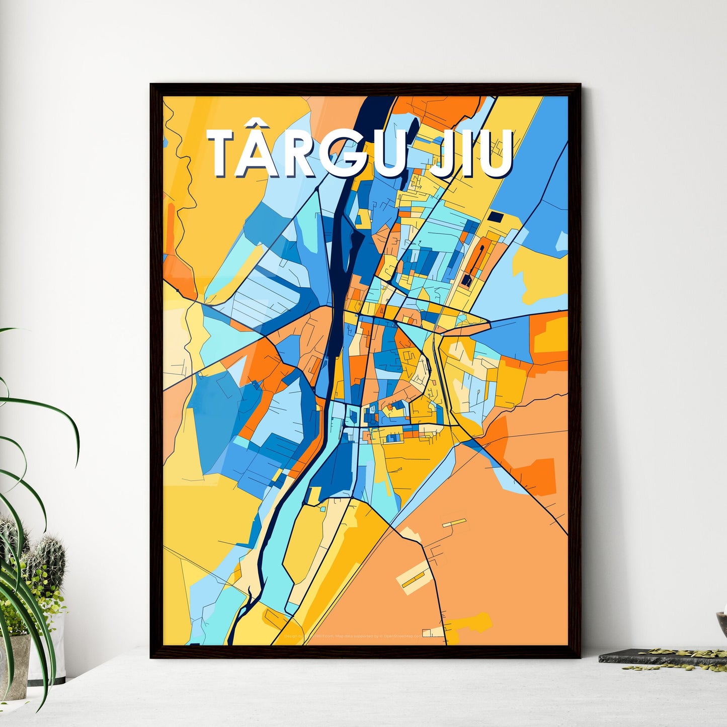 TÂRGU JIU ROMANIA Vibrant Colorful Art Map Poster Blue Orange