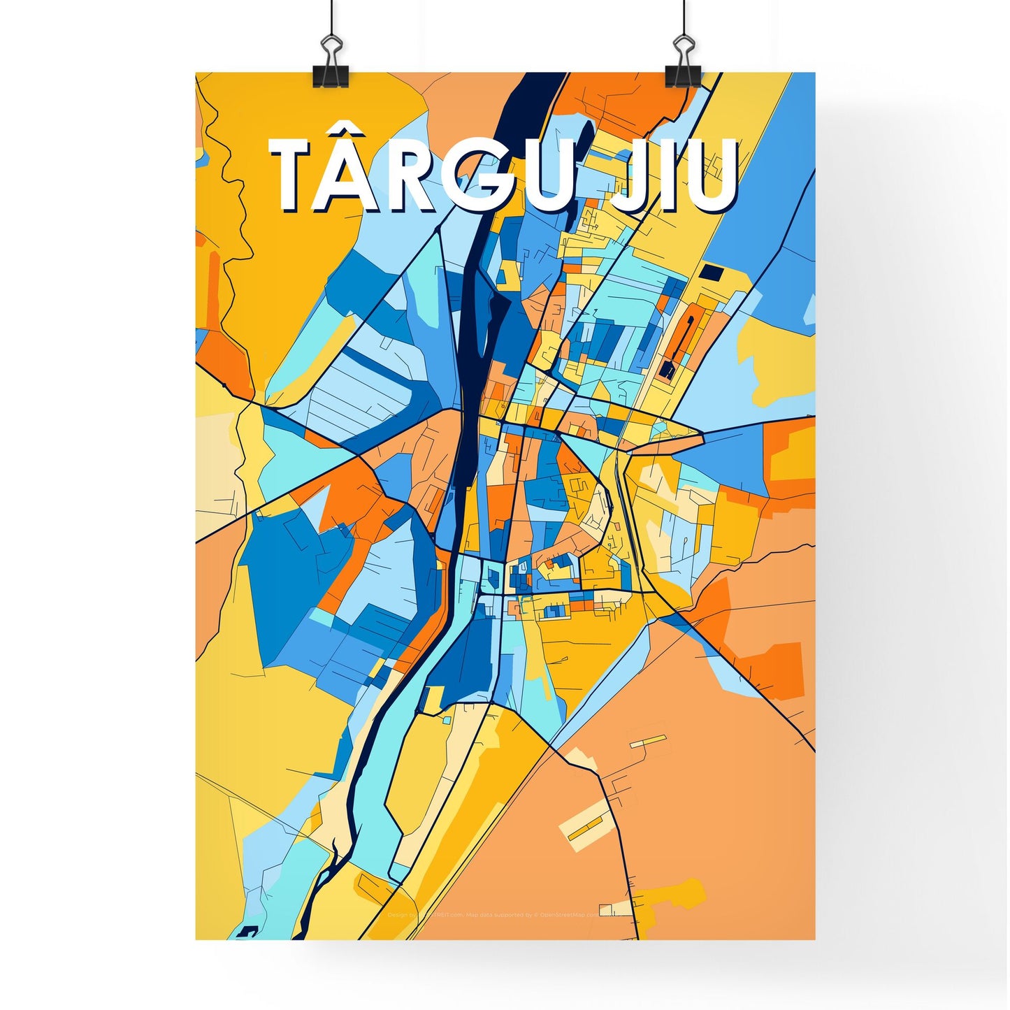 TÂRGU JIU ROMANIA Vibrant Colorful Art Map Poster Blue Orange