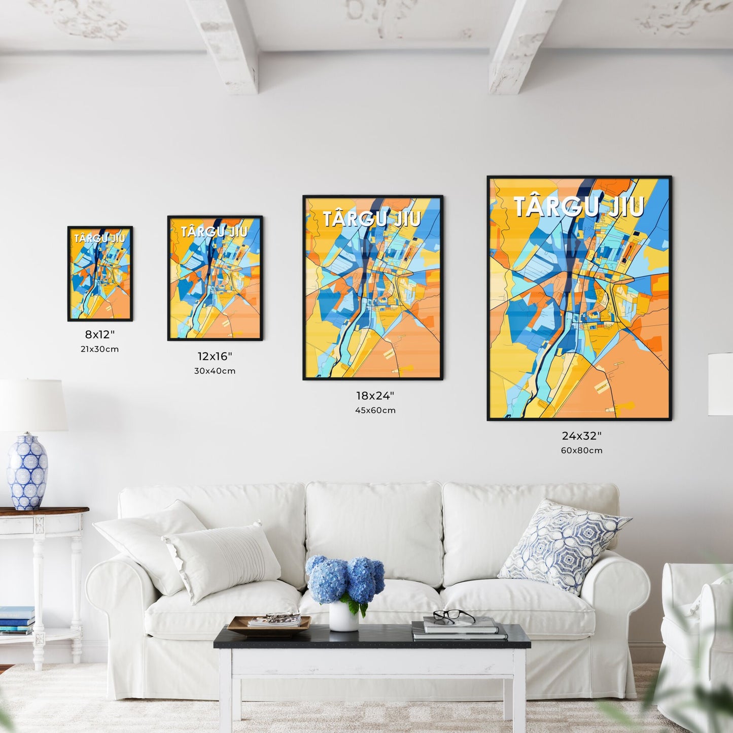 TÂRGU JIU ROMANIA Vibrant Colorful Art Map Poster Blue Orange