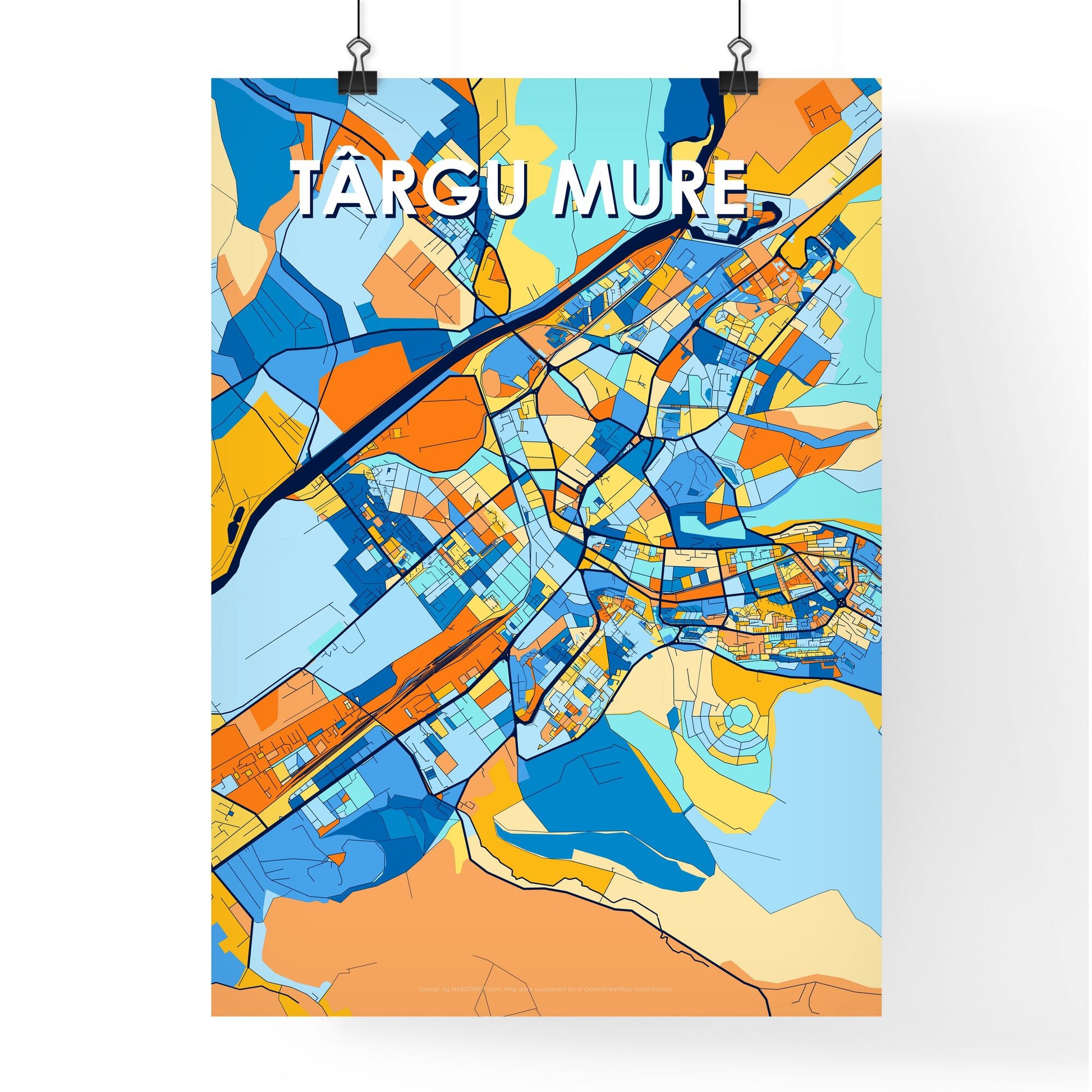 TÂRGU MUREȘ ROMANIA Vibrant Colorful Art Map Poster Blue Orange