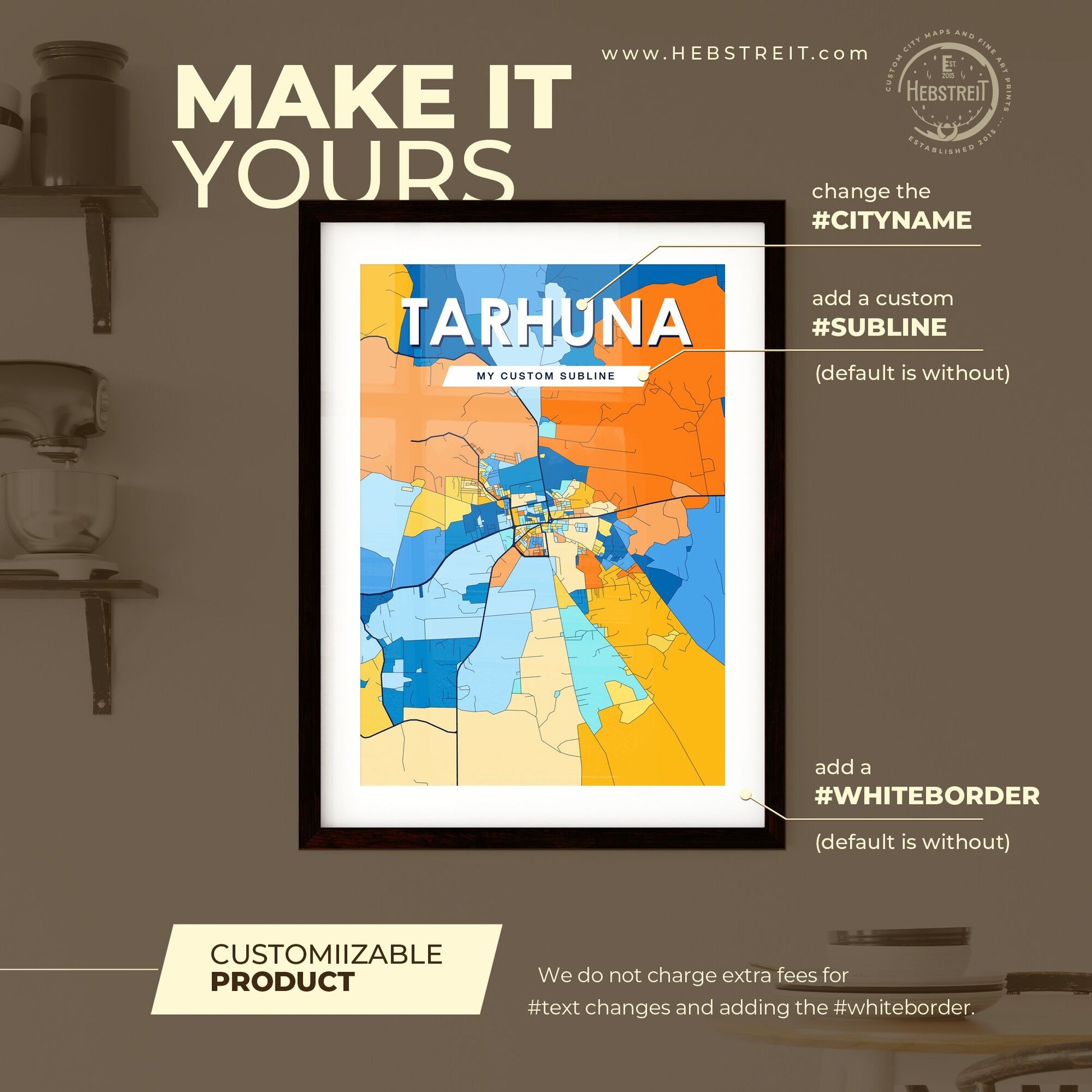 TARHUNA LIBYA Vibrant Colorful Art Map Poster Blue Orange