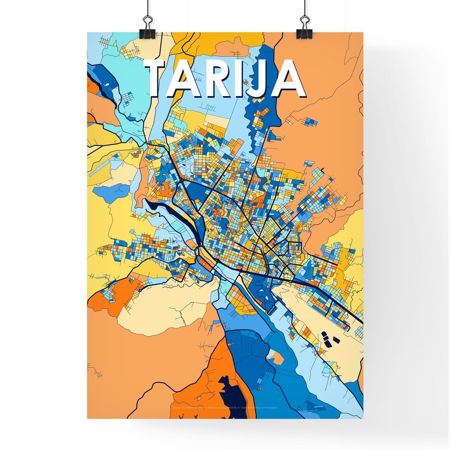 TARIJA BOLIVIA Vibrant Colorful Art Map Poster Blue Orange