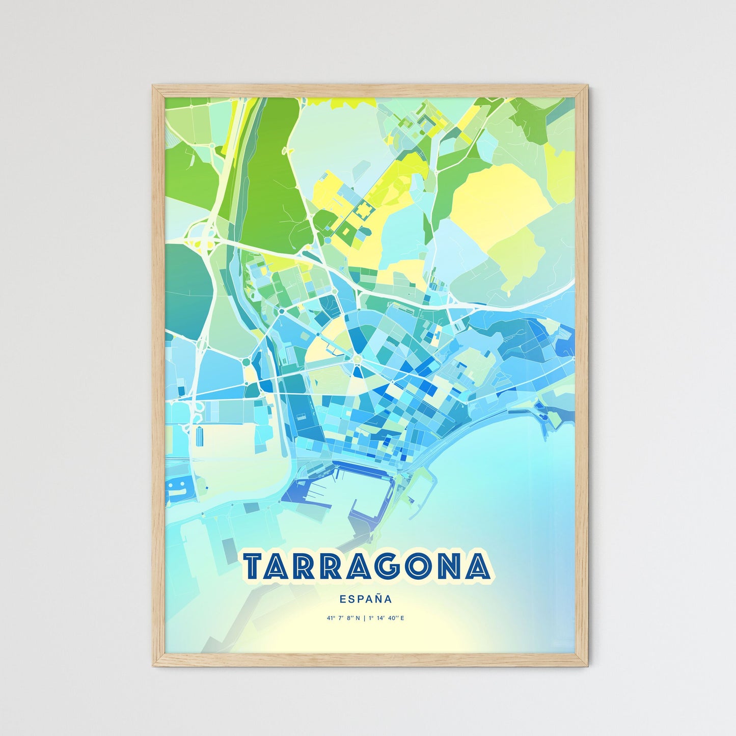 Colorful Tarragona Spain Fine Art Map Cool Blue