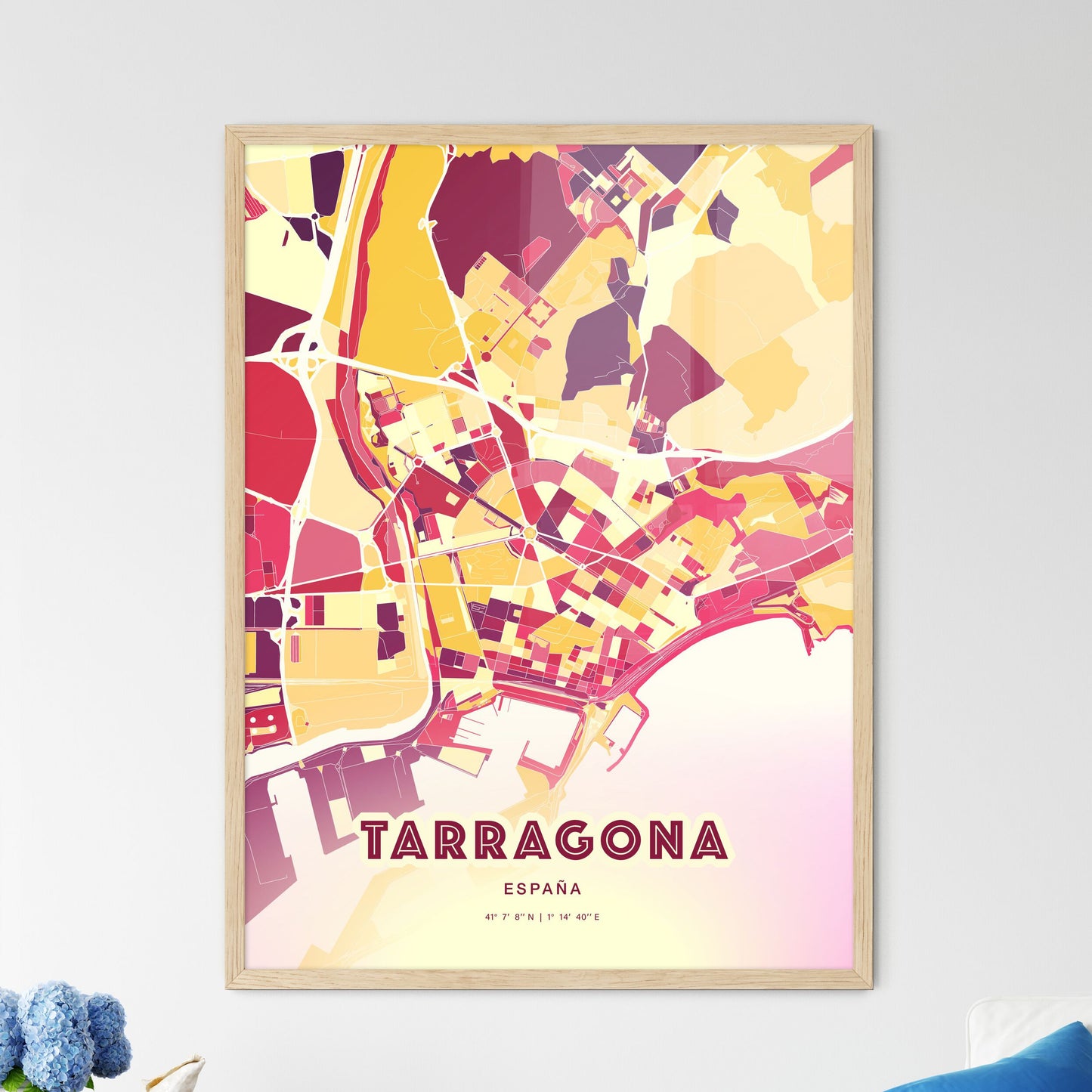 Colorful Tarragona Spain Fine Art Map Hot Red