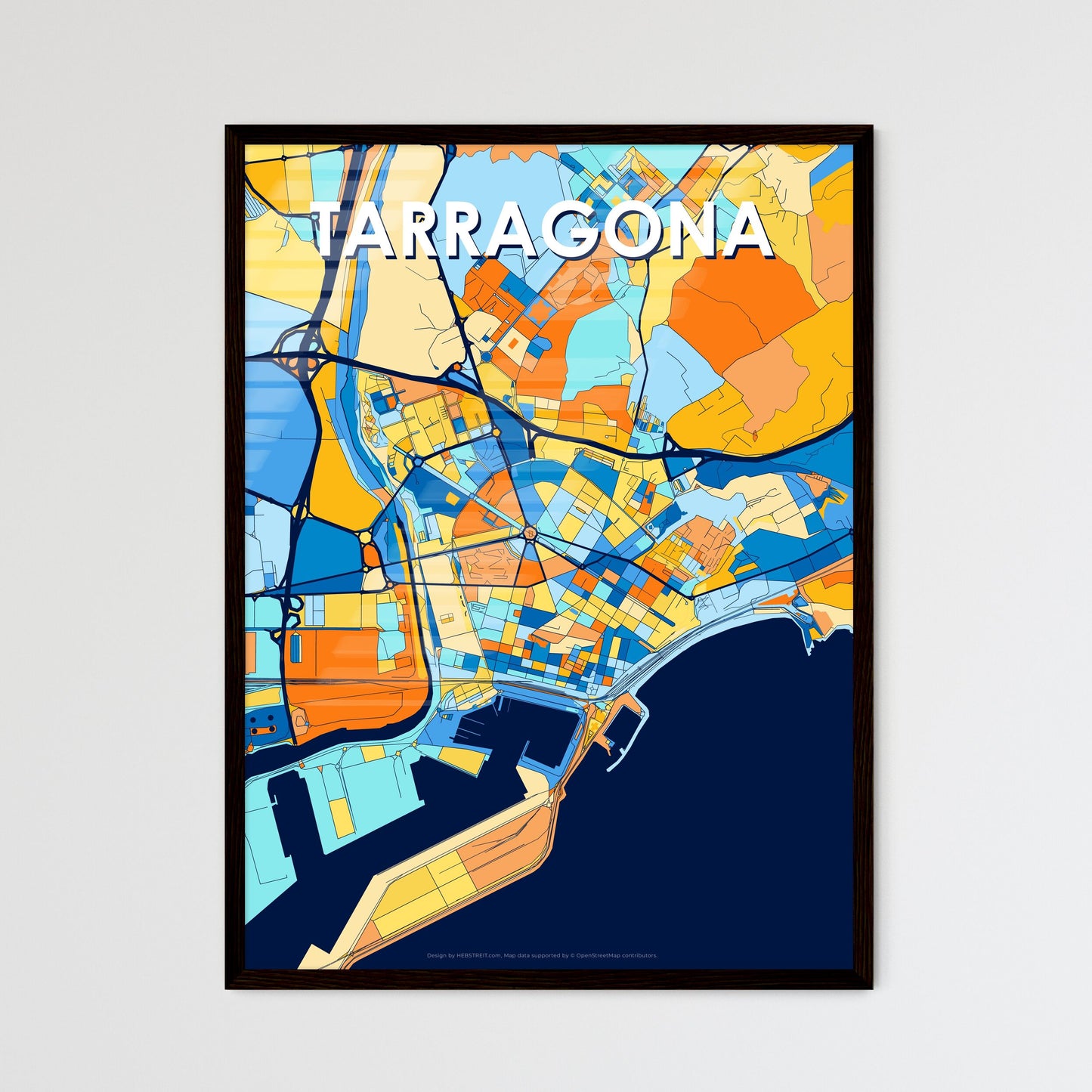 TARRAGONA SPAIN Vibrant Colorful Art Map Poster Blue Orange