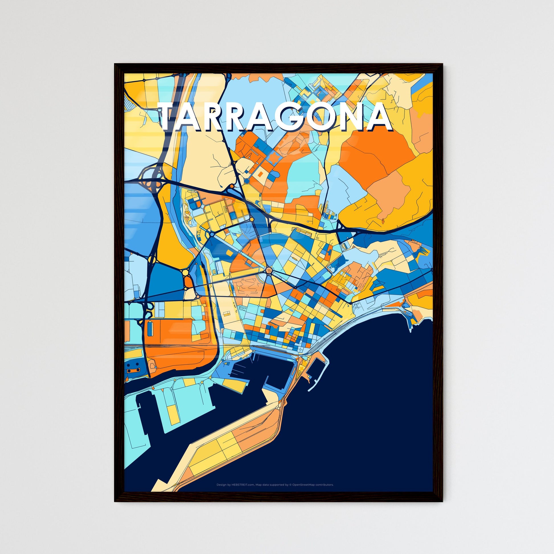 TARRAGONA SPAIN Vibrant Colorful Art Map Poster Blue Orange