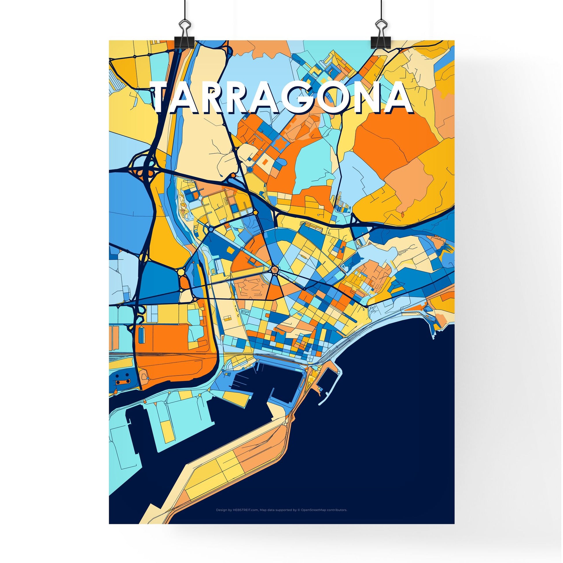 TARRAGONA SPAIN Vibrant Colorful Art Map Poster Blue Orange