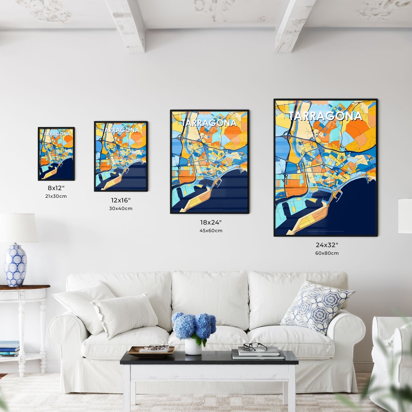 TARRAGONA SPAIN Vibrant Colorful Art Map Poster Blue Orange