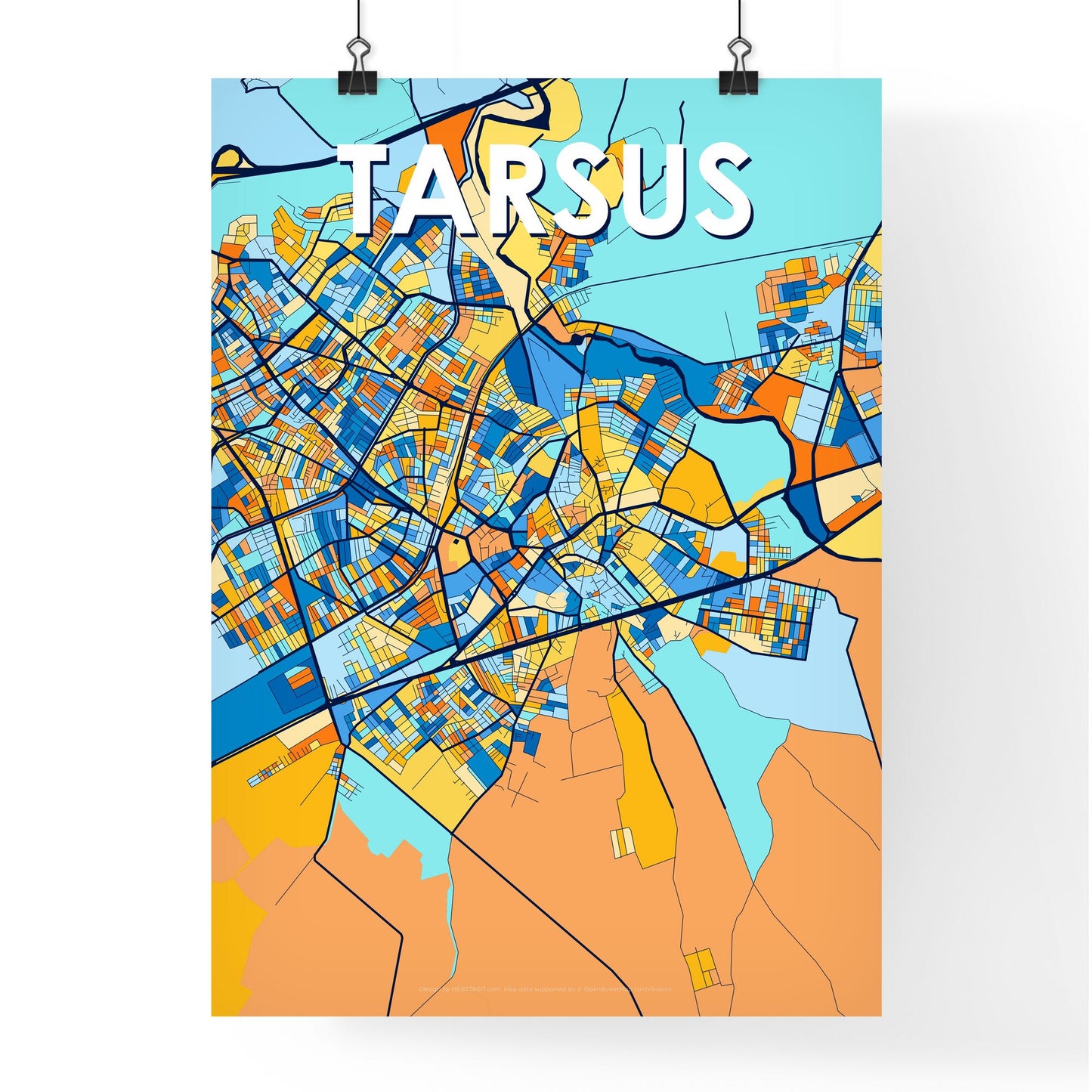 TARSUS TURKEY Vibrant Colorful Art Map Poster Blue Orange