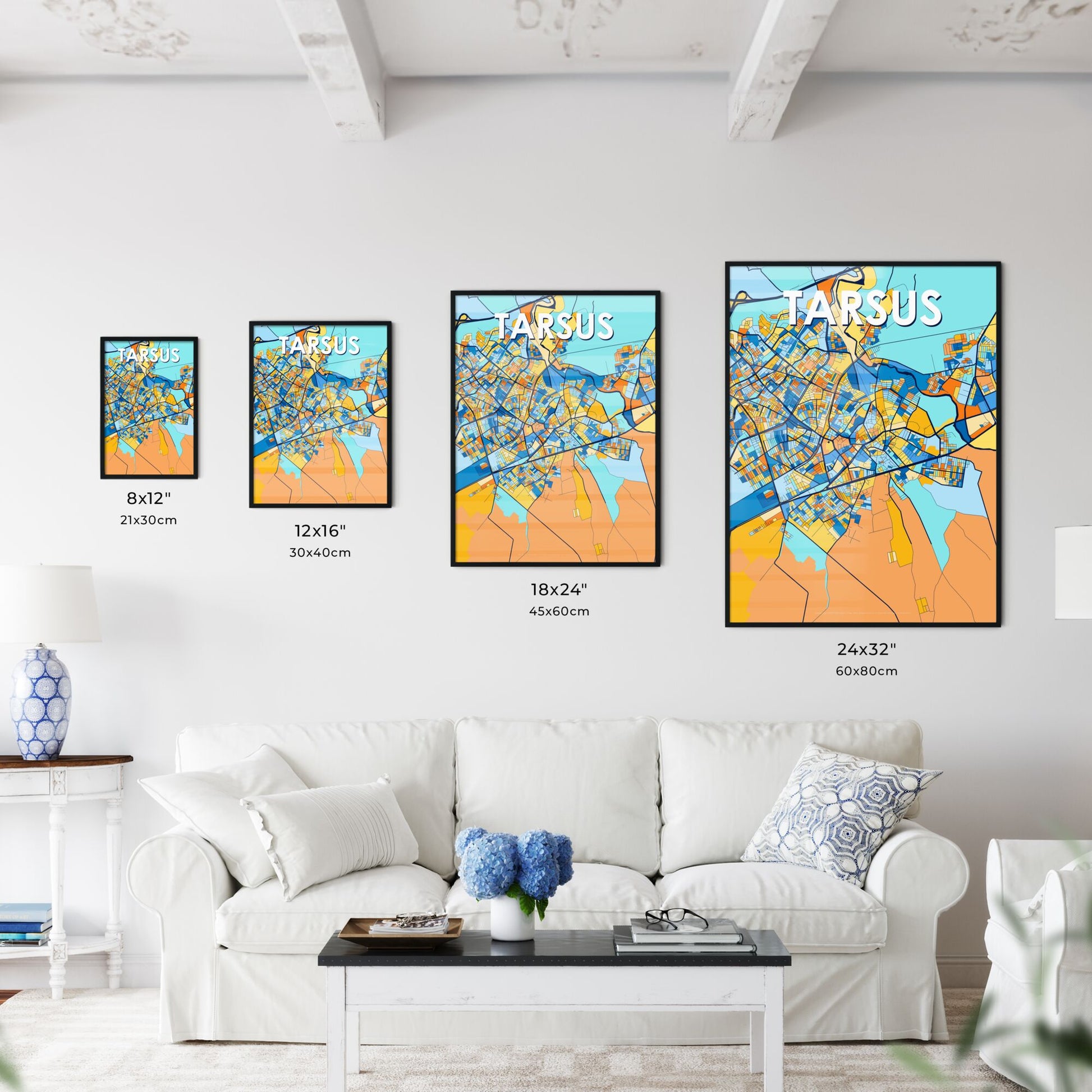 TARSUS TURKEY Vibrant Colorful Art Map Poster Blue Orange