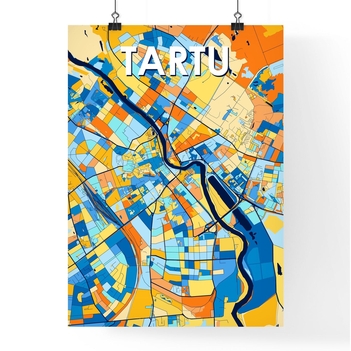 TARTU ESTONIA Vibrant Colorful Art Map Poster Blue Orange