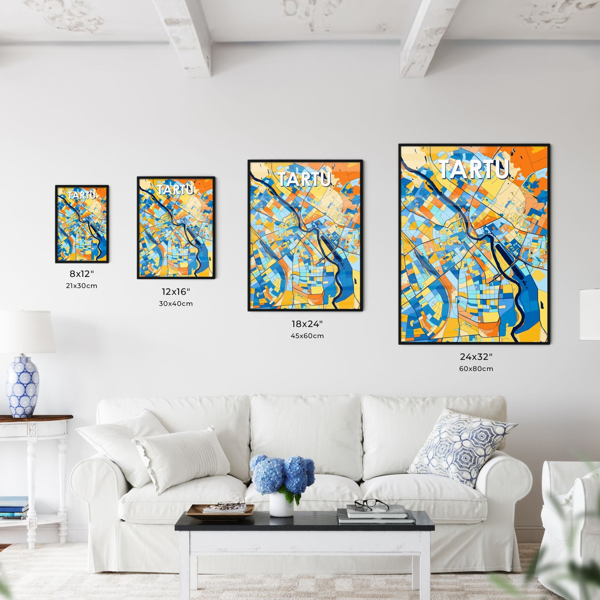 TARTU ESTONIA Vibrant Colorful Art Map Poster Blue Orange