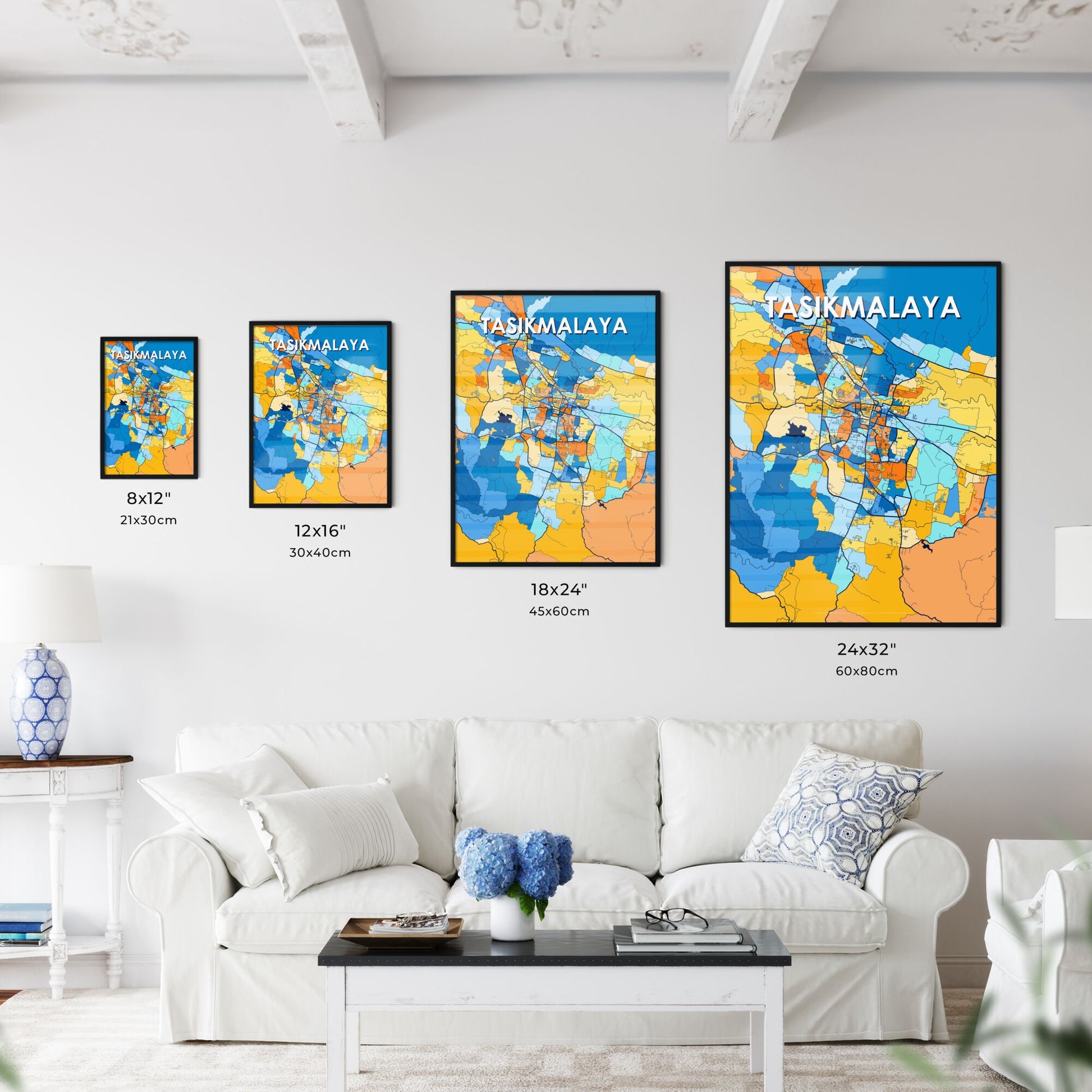 TASIKMALAYA INDONESIA Vibrant Colorful Art Map Poster Blue Orange