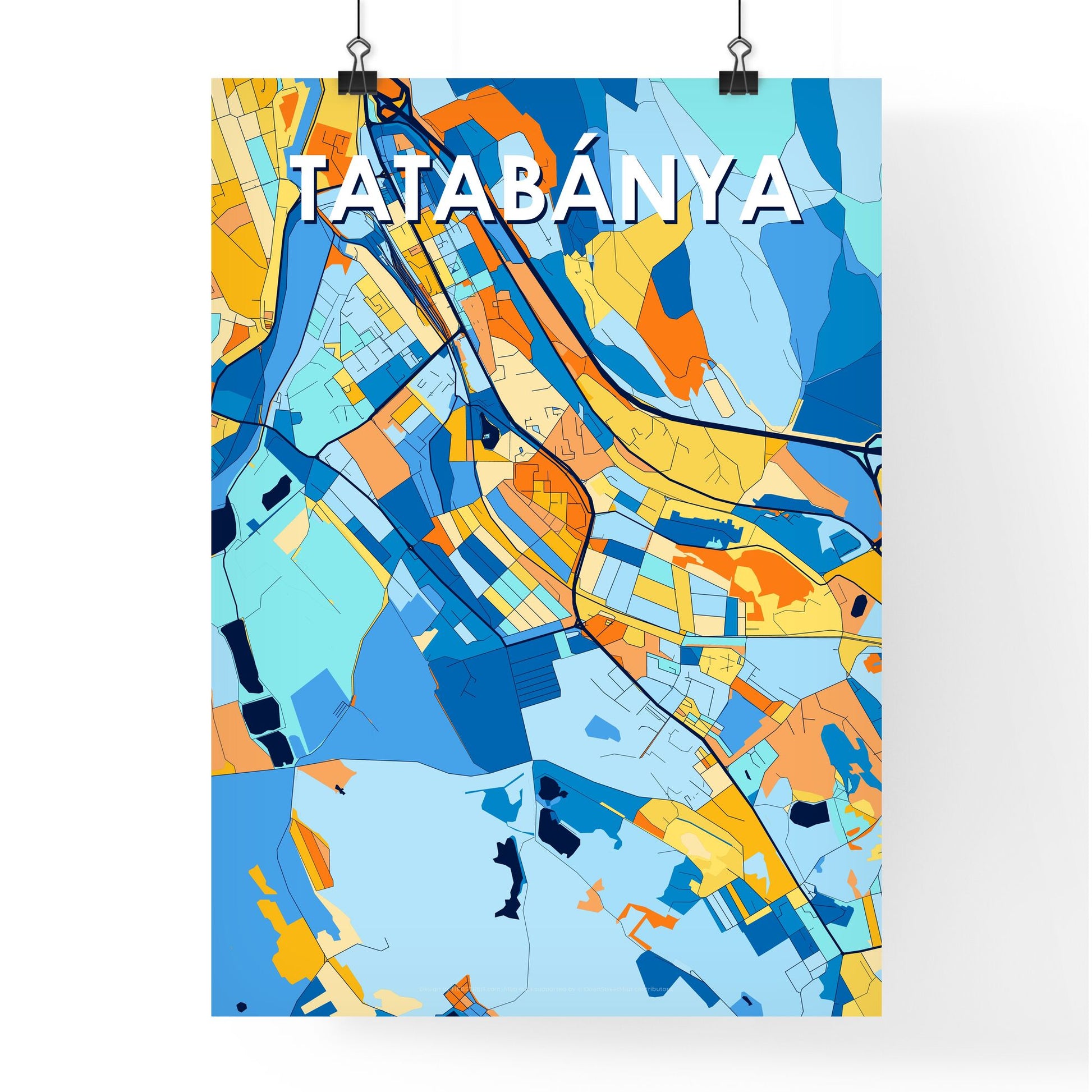 TATABÁNYA HUNGARY Vibrant Colorful Art Map Poster Blue Orange