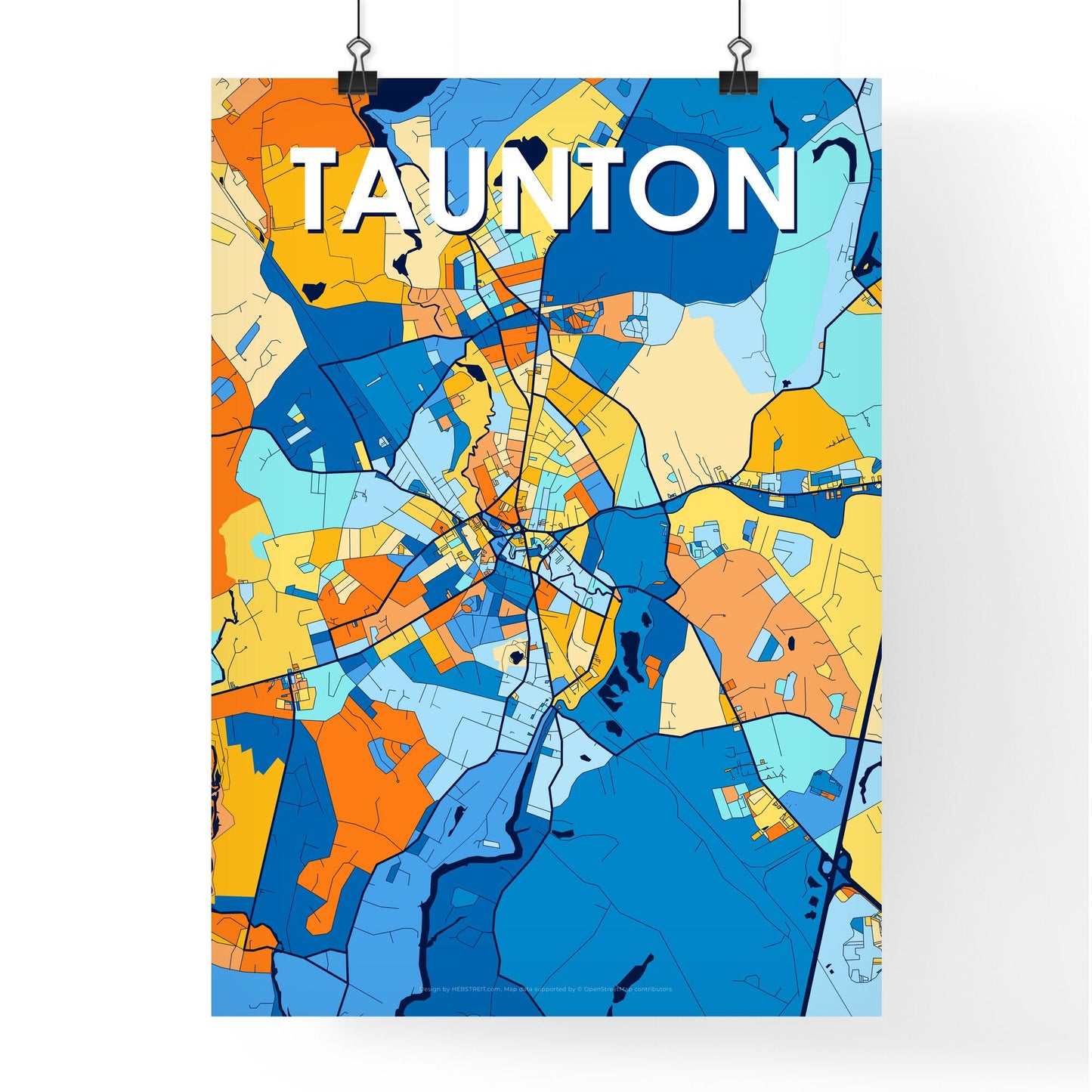 TAUNTON MASSACHUSETTS Vibrant Colorful Art Map Poster Blue Orange