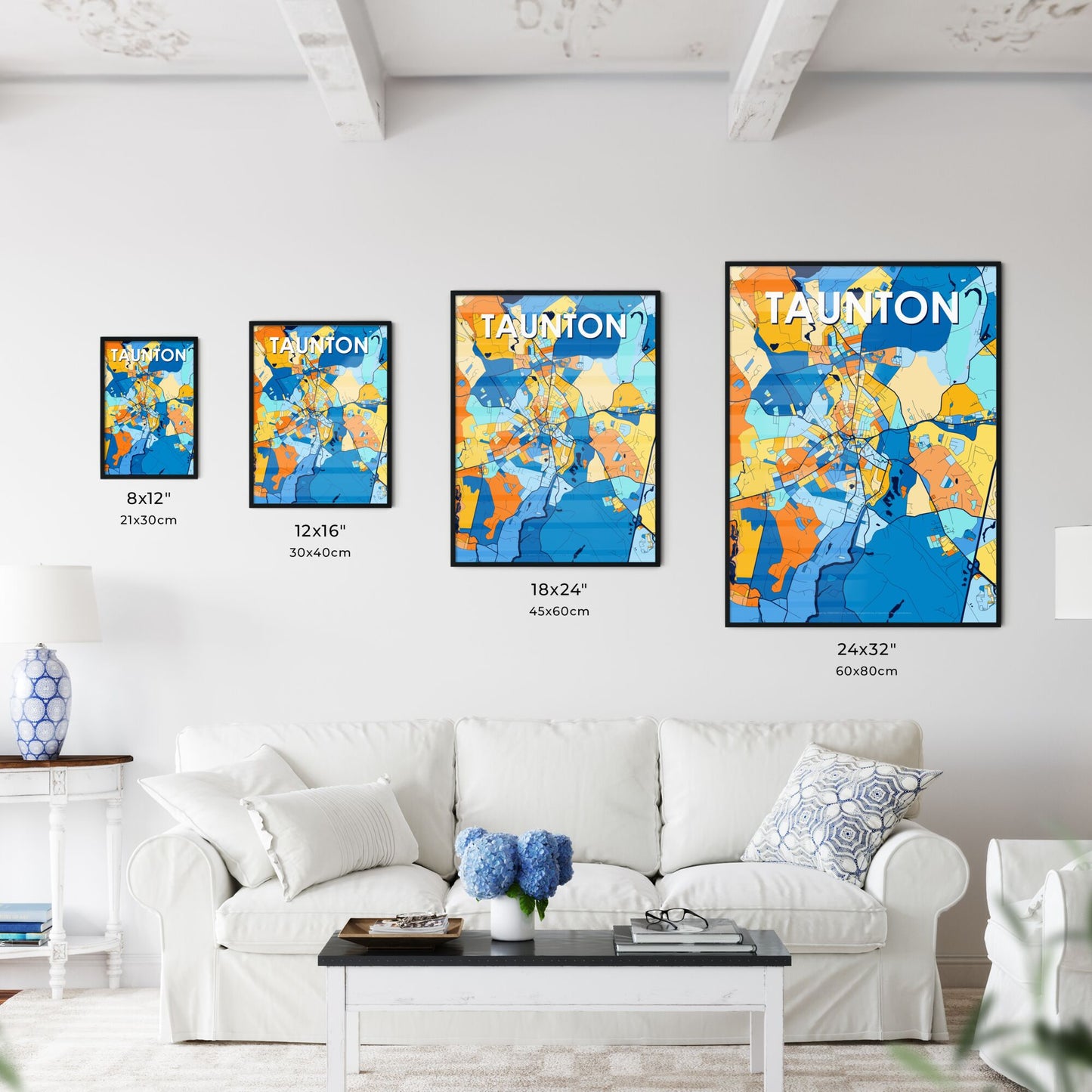 TAUNTON MASSACHUSETTS Vibrant Colorful Art Map Poster Blue Orange