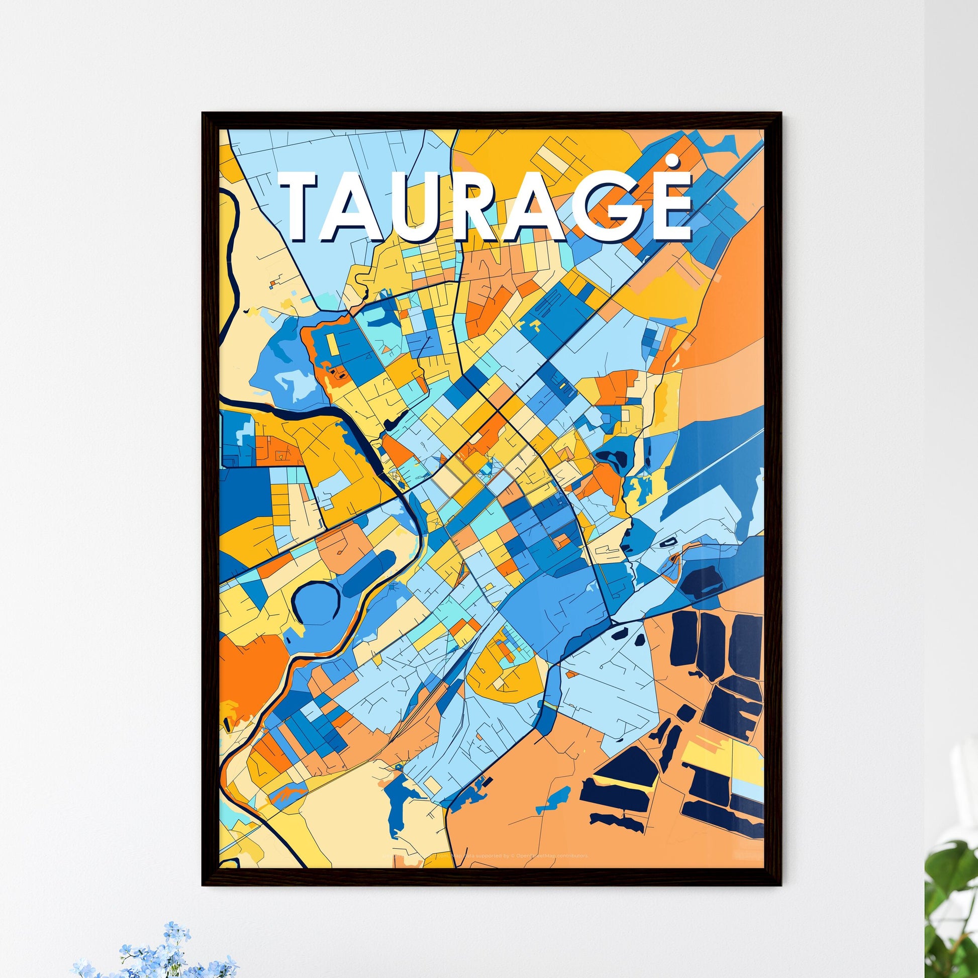 TAURAGĖ LITHUANIA Vibrant Colorful Art Map Poster Blue Orange