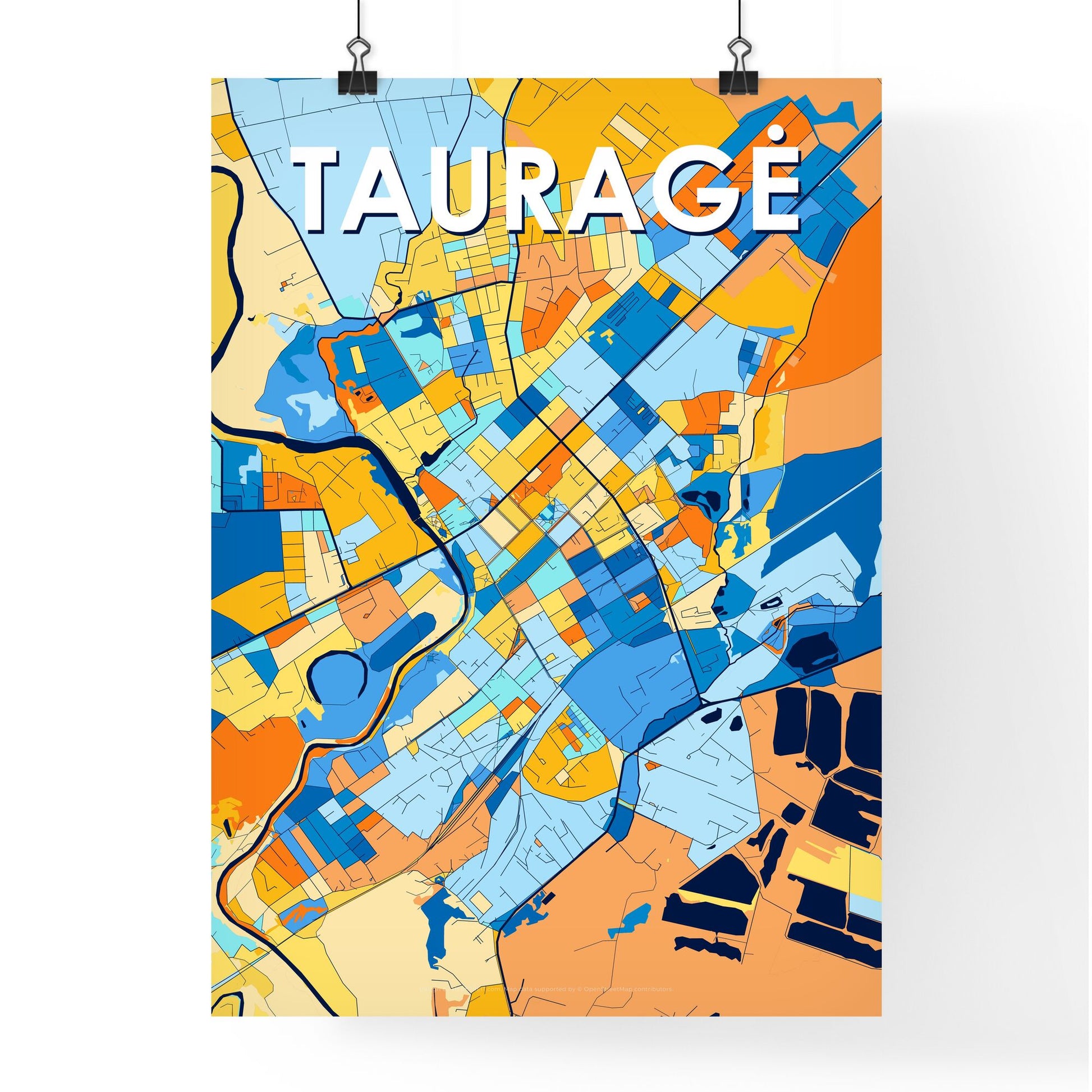 TAURAGĖ LITHUANIA Vibrant Colorful Art Map Poster Blue Orange