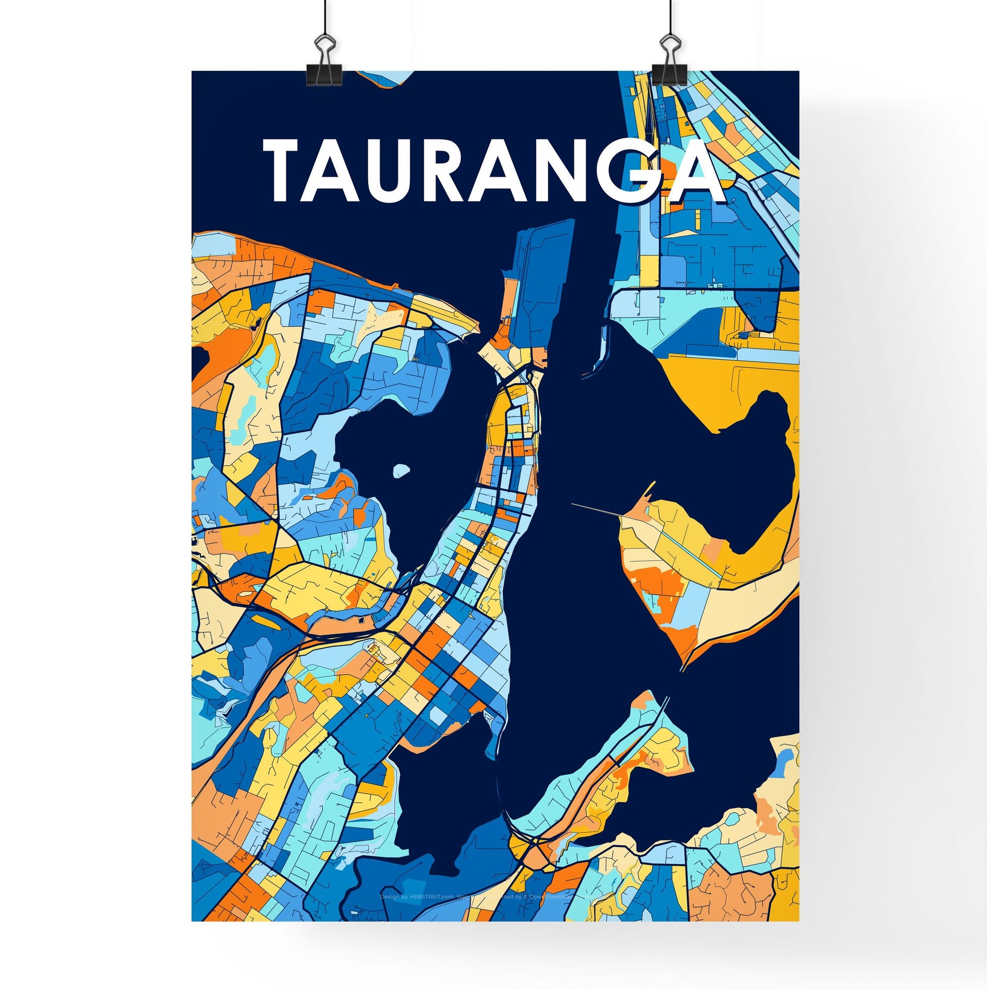 TAURANGA NEW ZEALAND Vibrant Colorful Art Map Poster Blue Orange