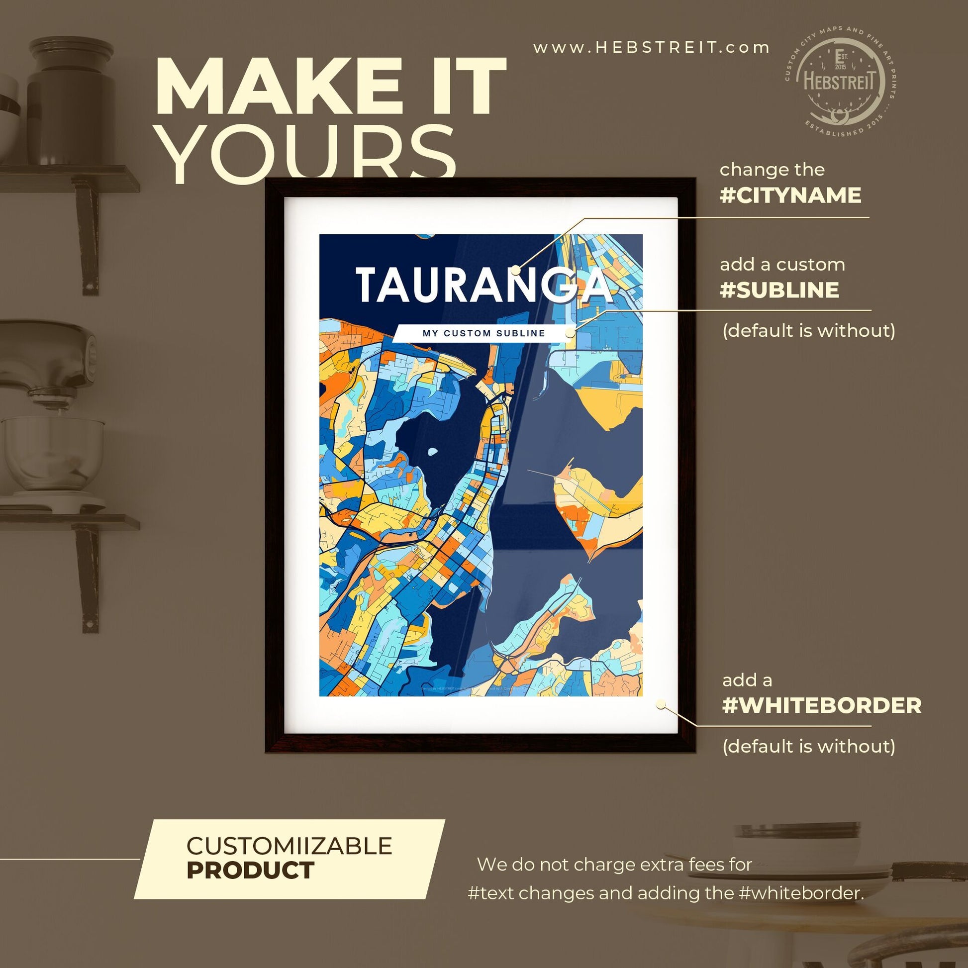 TAURANGA NEW ZEALAND Vibrant Colorful Art Map Poster Blue Orange