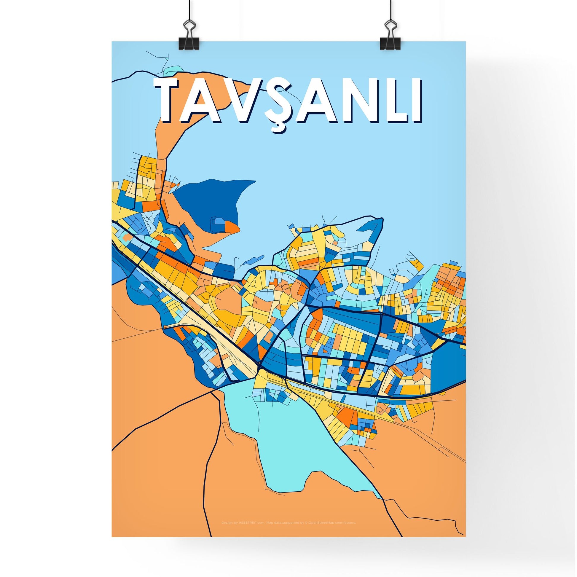 TAVŞANLI TURKEY Vibrant Colorful Art Map Poster Blue Orange