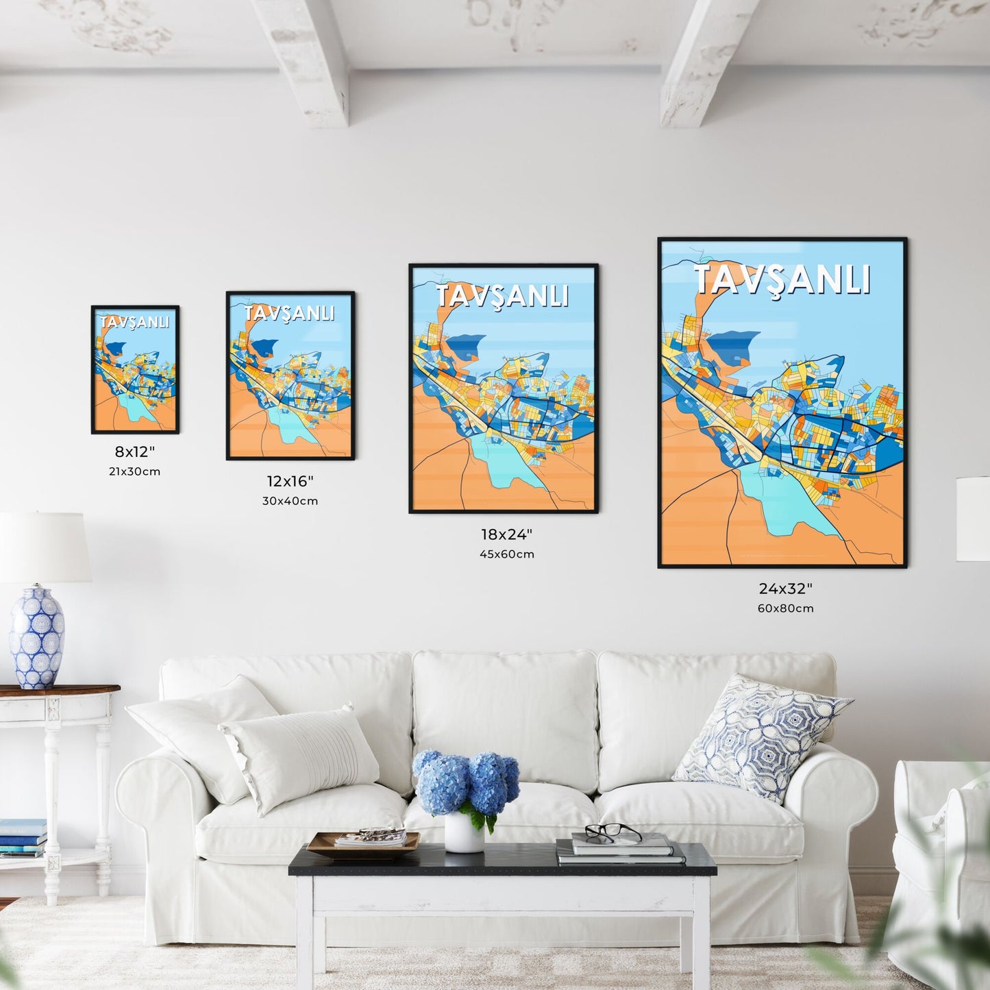 TAVŞANLI TURKEY Vibrant Colorful Art Map Poster Blue Orange