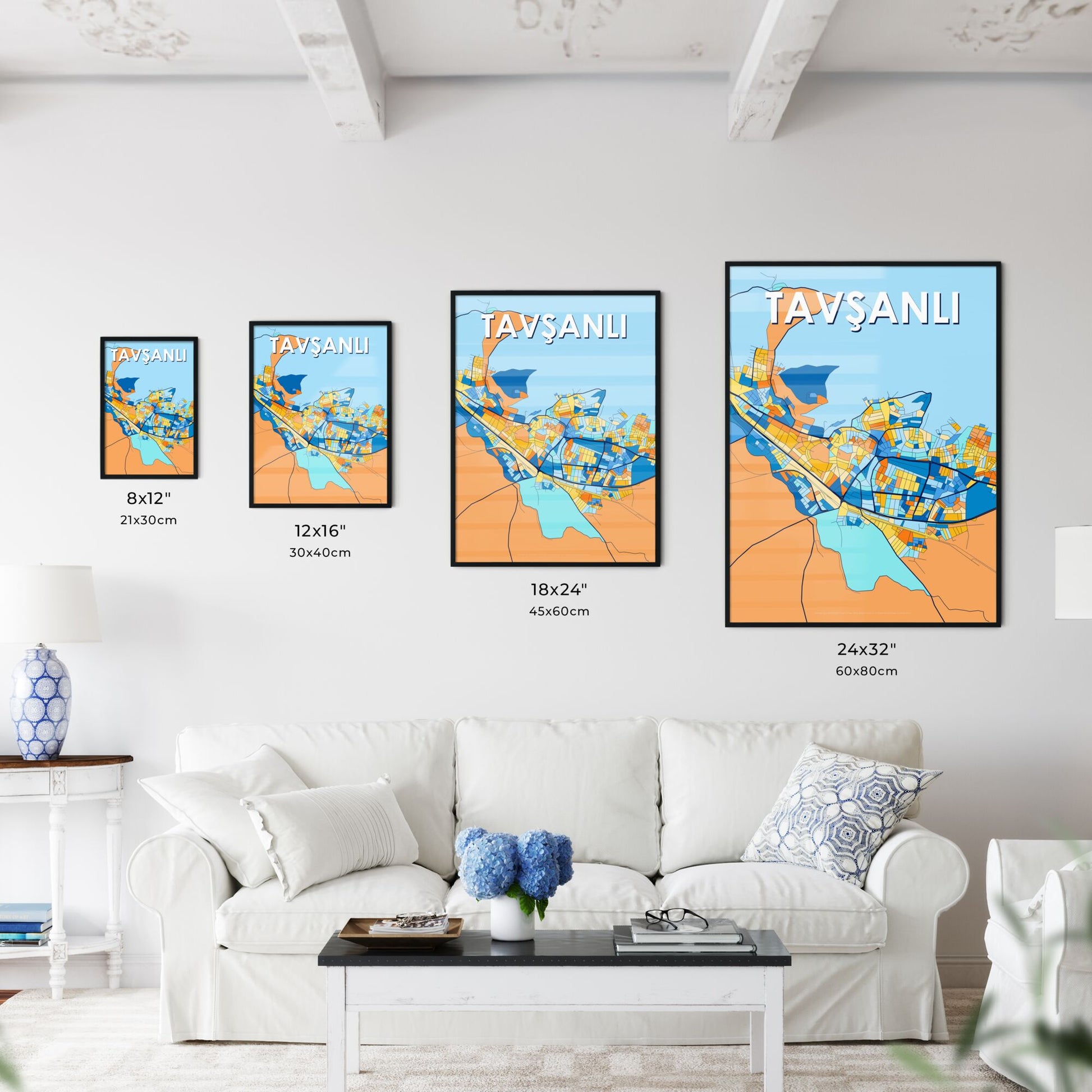 TAVŞANLI TURKEY Vibrant Colorful Art Map Poster Blue Orange