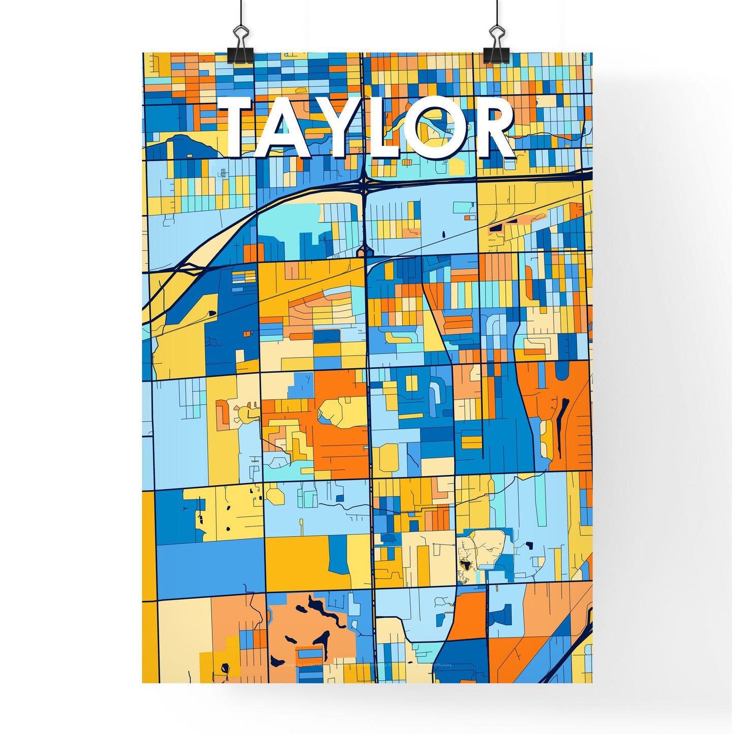 TAYLOR MICHIGAN Vibrant Colorful Art Map Poster Blue Orange