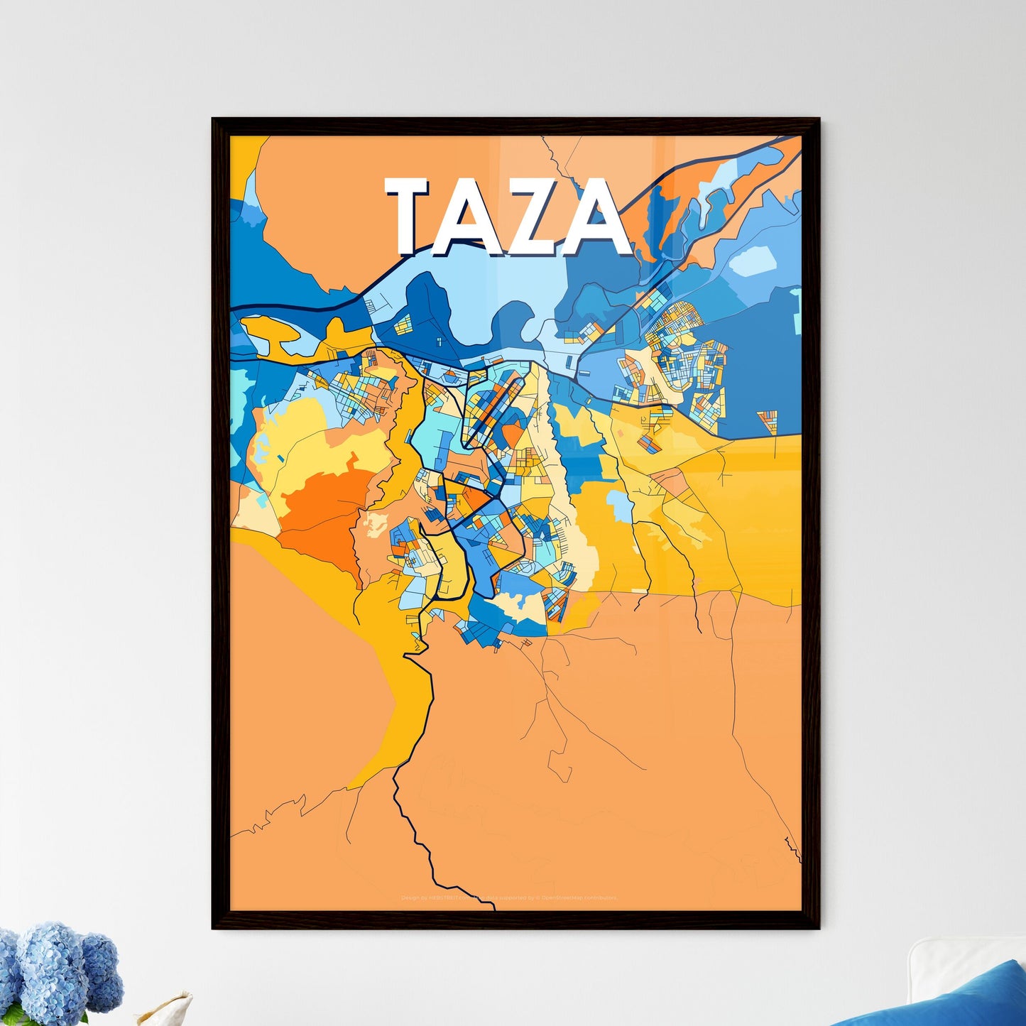 TAZA MOROCCO Vibrant Colorful Art Map Poster Blue Orange