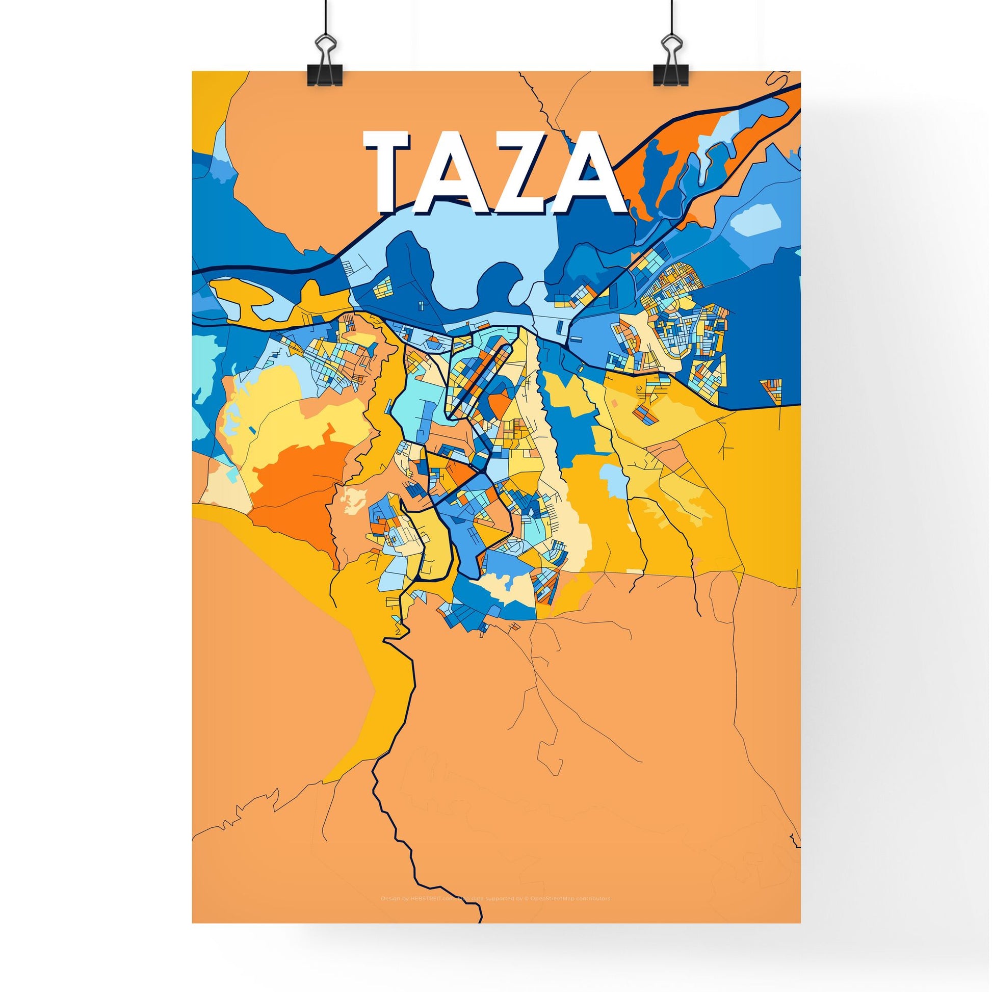 TAZA MOROCCO Vibrant Colorful Art Map Poster Blue Orange