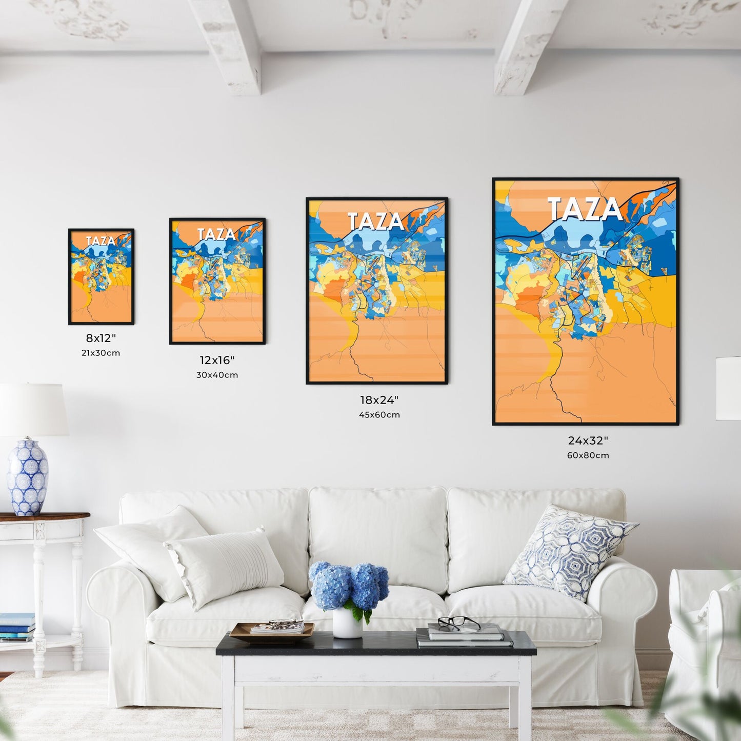 TAZA MOROCCO Vibrant Colorful Art Map Poster Blue Orange