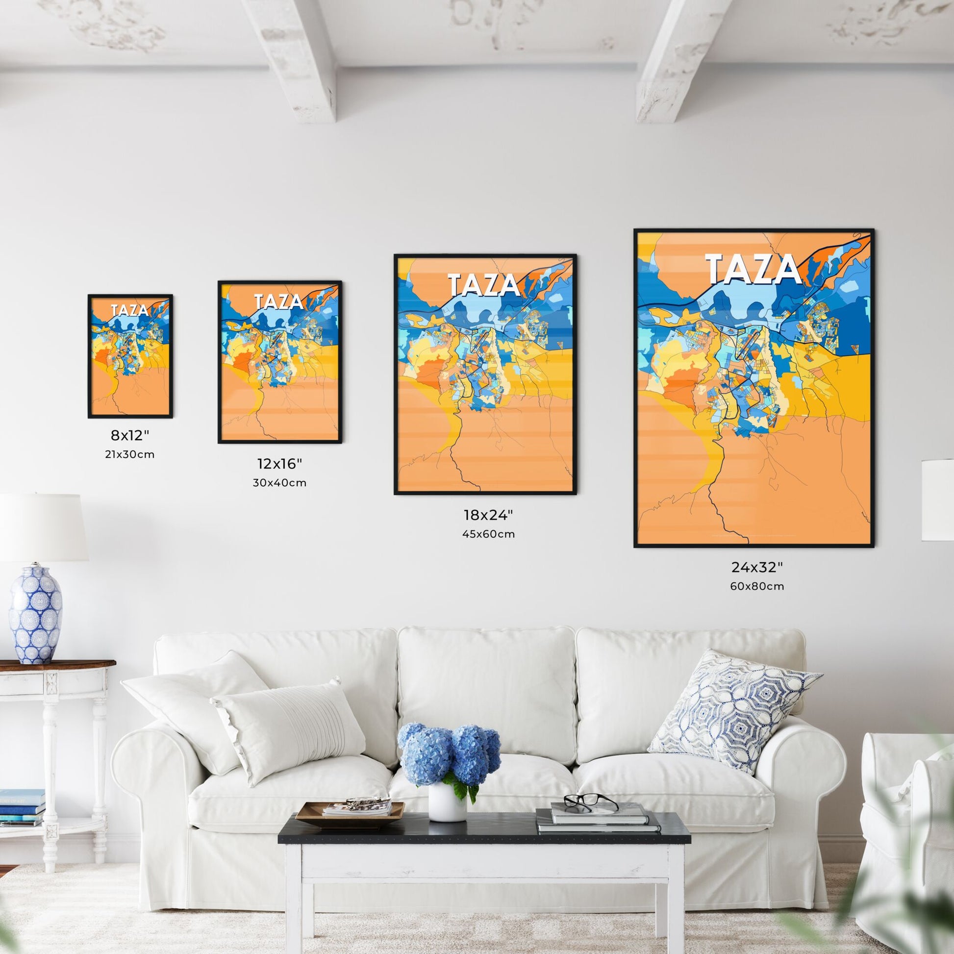 TAZA MOROCCO Vibrant Colorful Art Map Poster Blue Orange