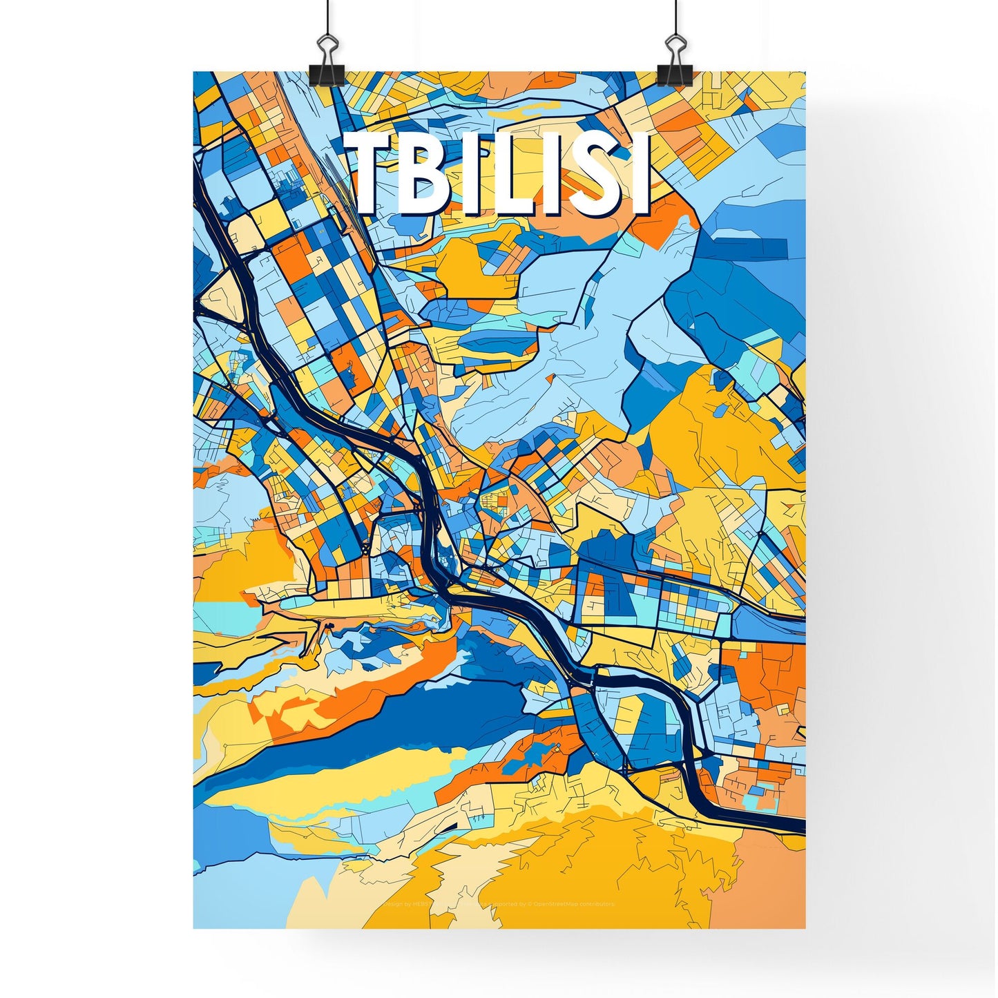 TBILISI GEORGIA Vibrant Colorful Art Map Poster Blue Orange