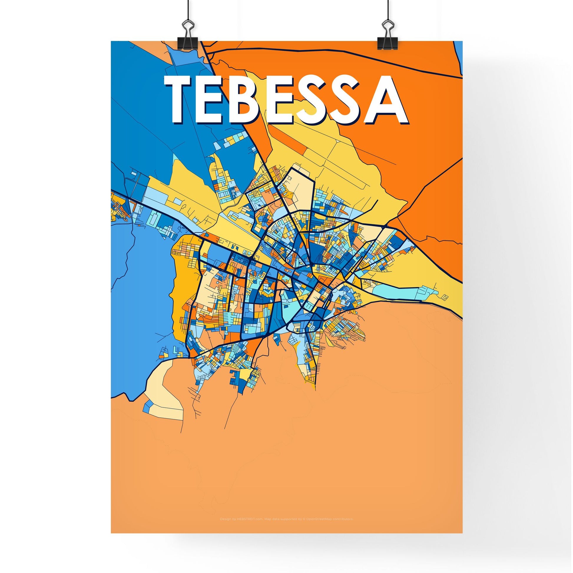 TEBESSA ALGERIA Vibrant Colorful Art Map Poster Blue Orange