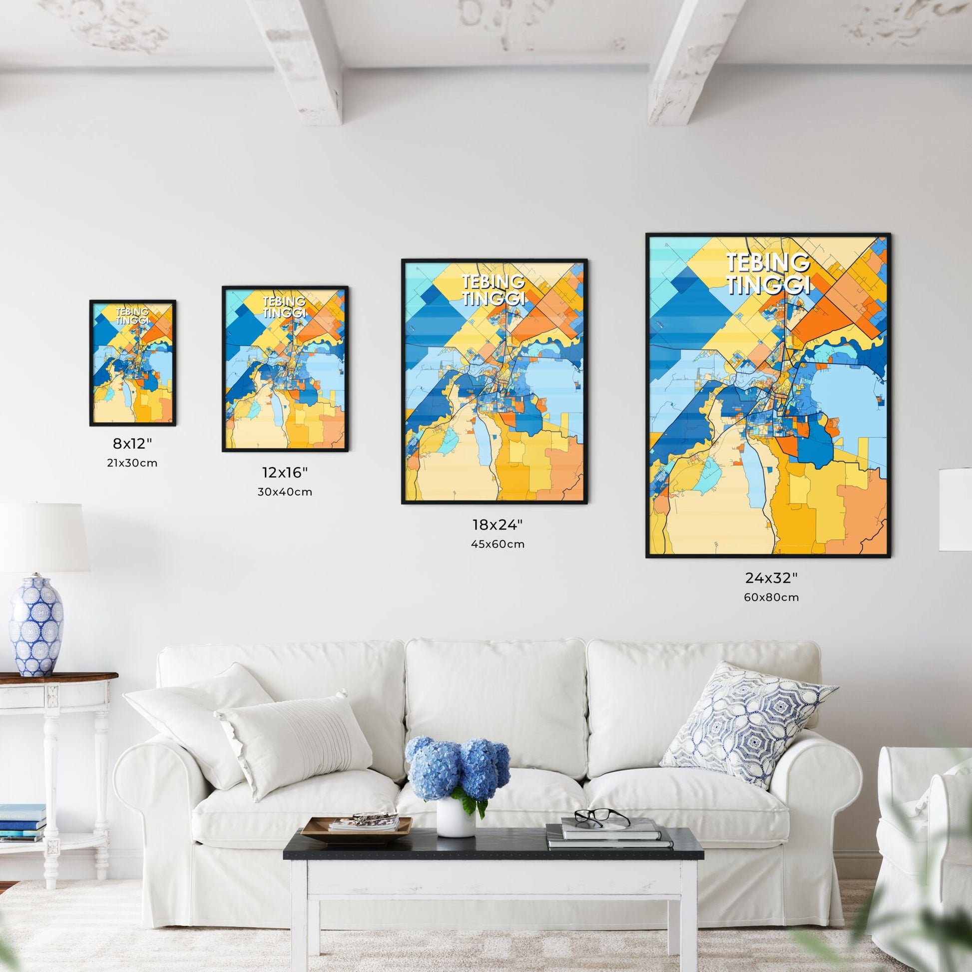 TEBING TINGGI INDONESIA Vibrant Colorful Art Map Poster Blue Orange