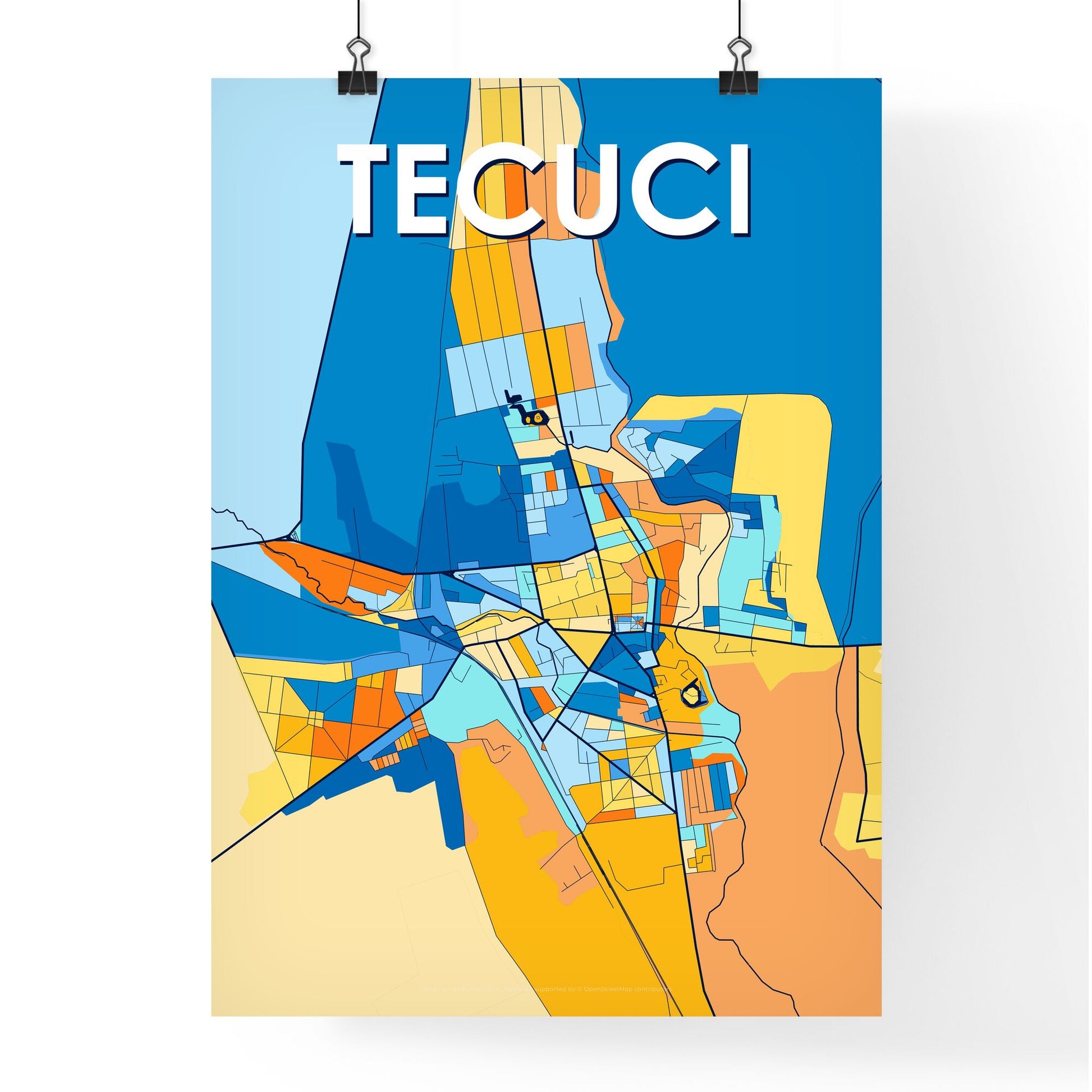 TECUCI ROMANIA Vibrant Colorful Art Map Poster Blue Orange