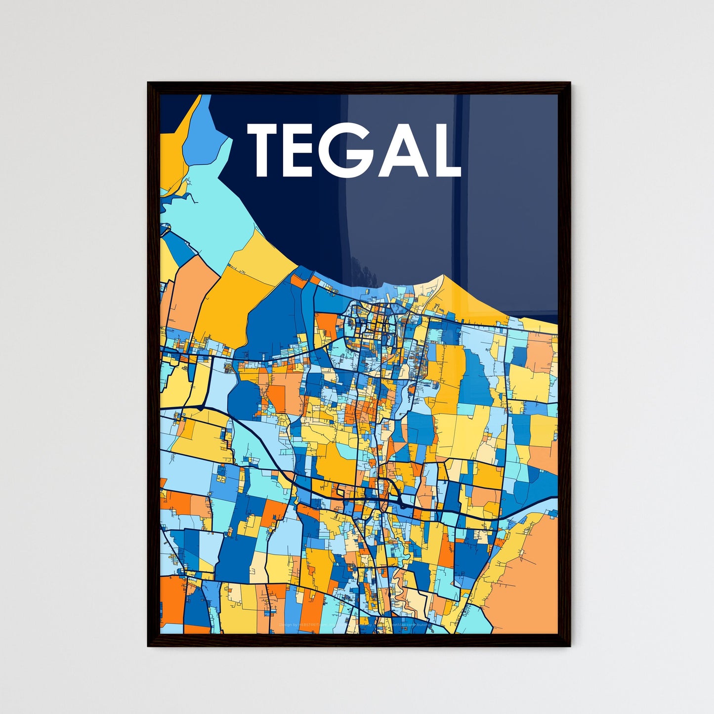 TEGAL INDONESIA Vibrant Colorful Art Map Poster Blue Orange