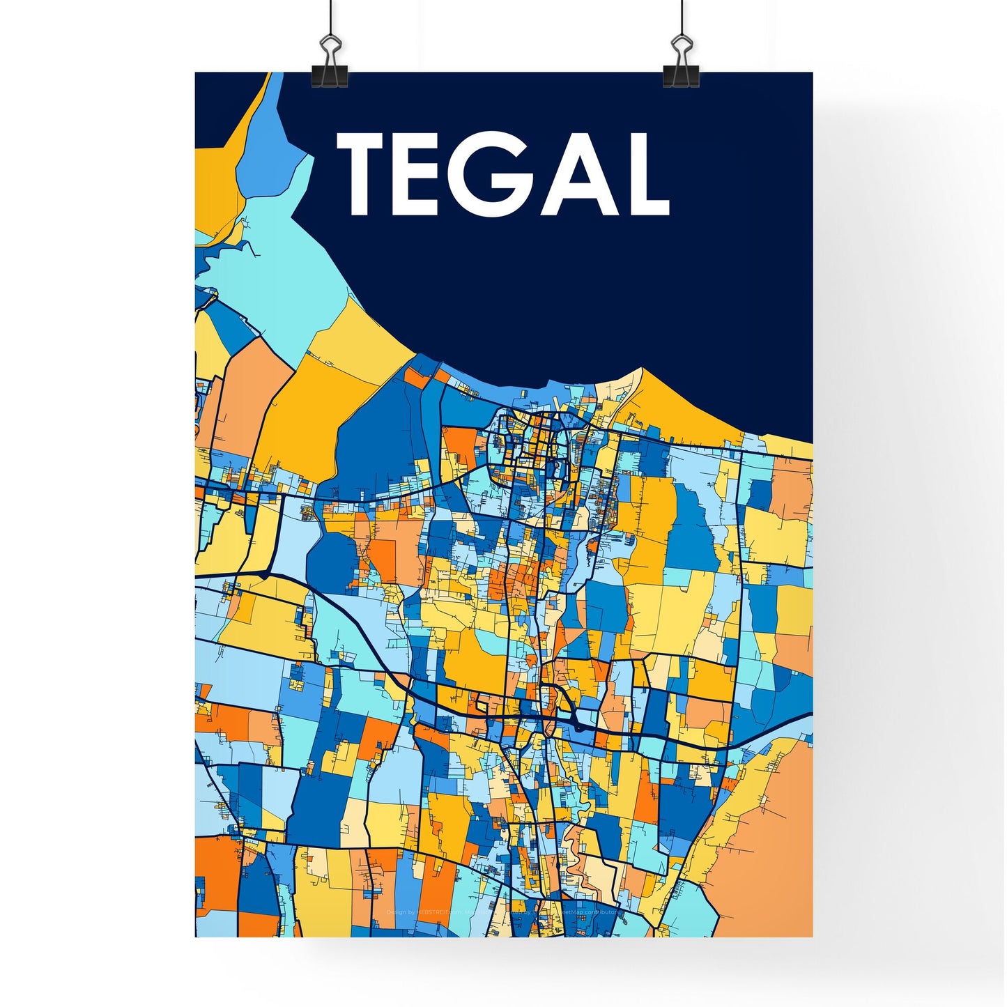 TEGAL INDONESIA Vibrant Colorful Art Map Poster Blue Orange