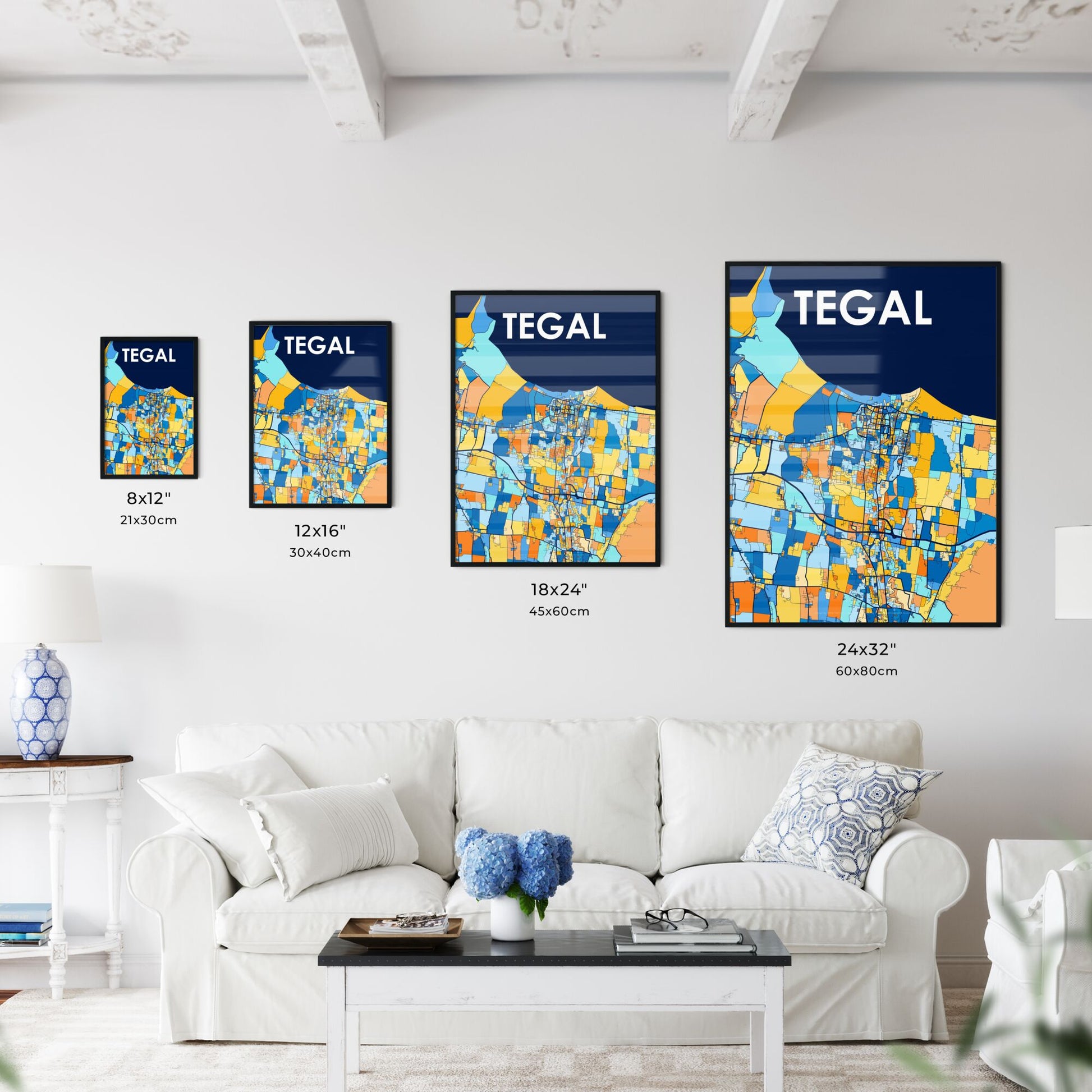 TEGAL INDONESIA Vibrant Colorful Art Map Poster Blue Orange