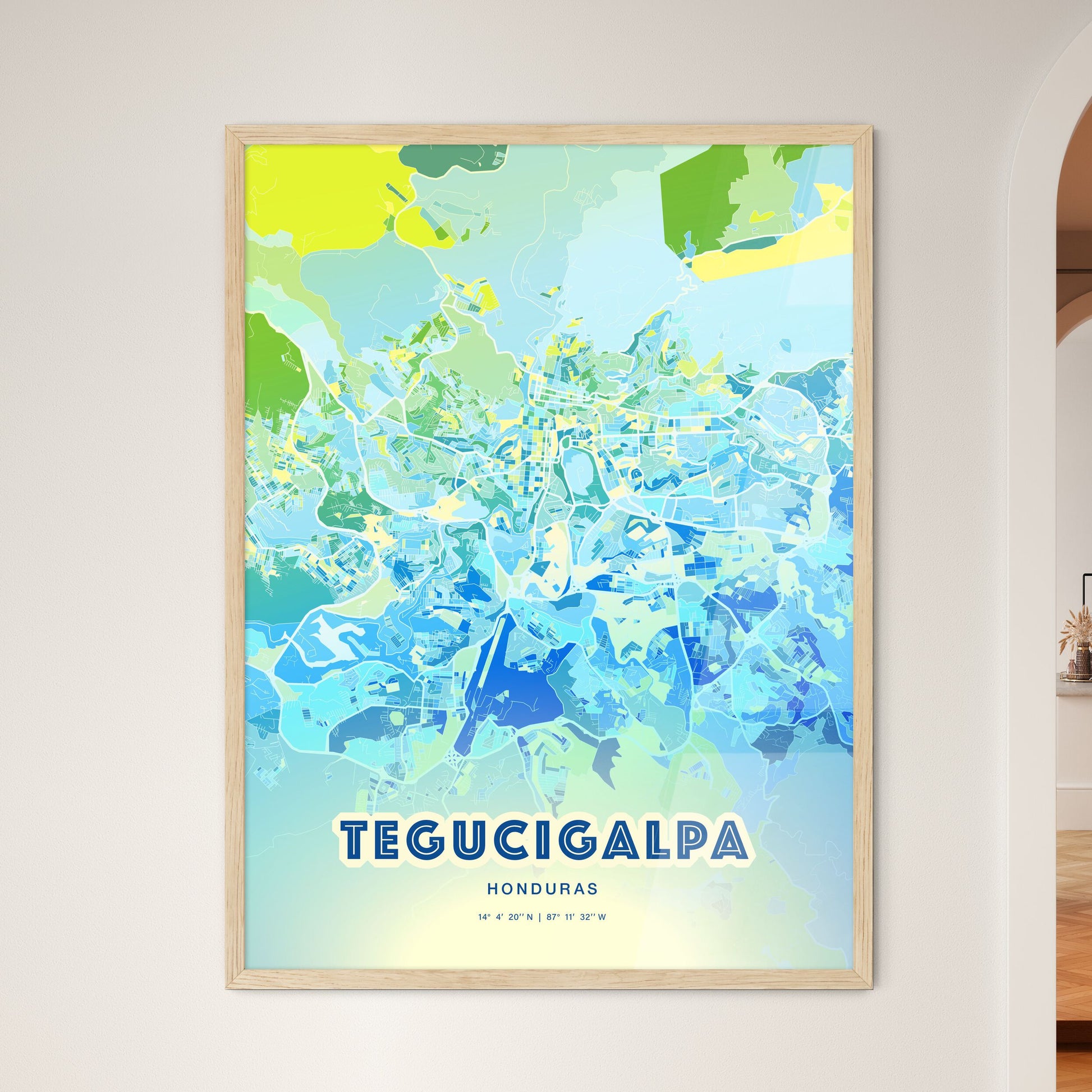 Colorful Tegucigalpa Honduras Fine Art Map Cool Blue