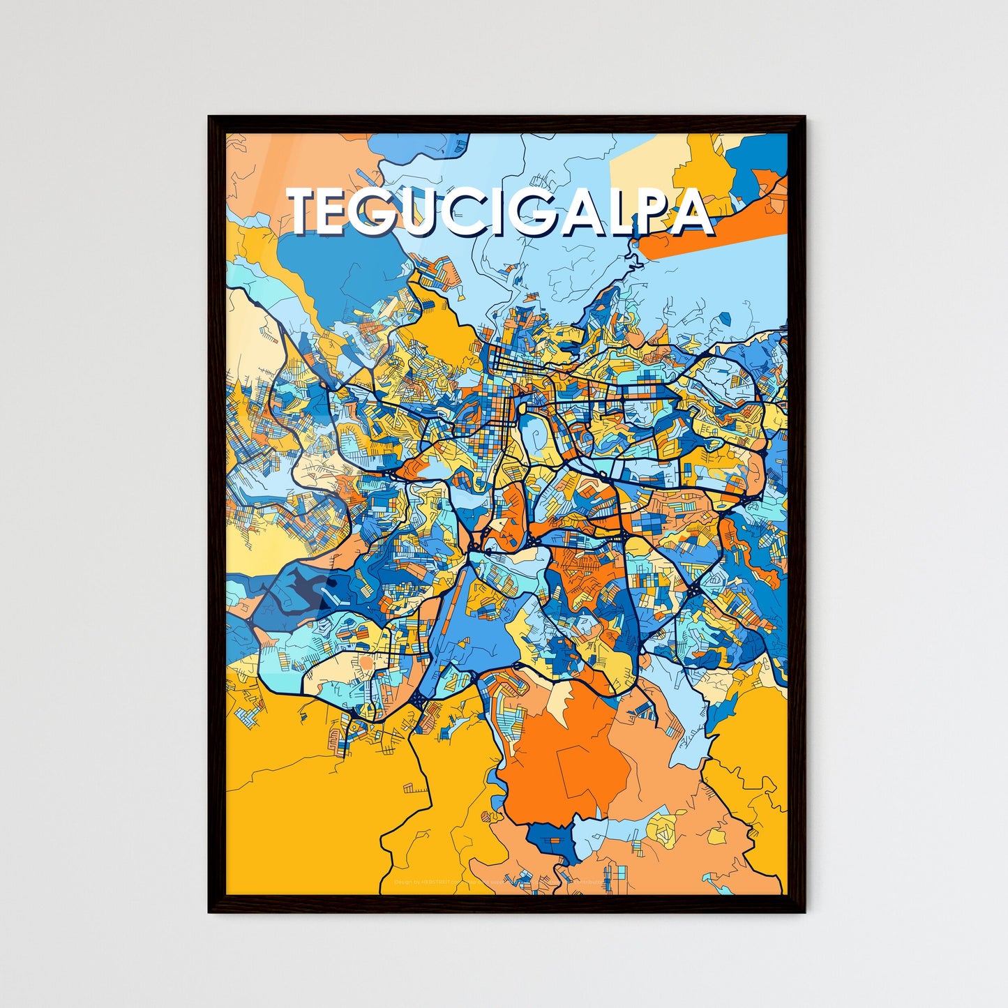 TEGUCIGALPA HONDURAS Vibrant Colorful Art Map Poster Blue Orange