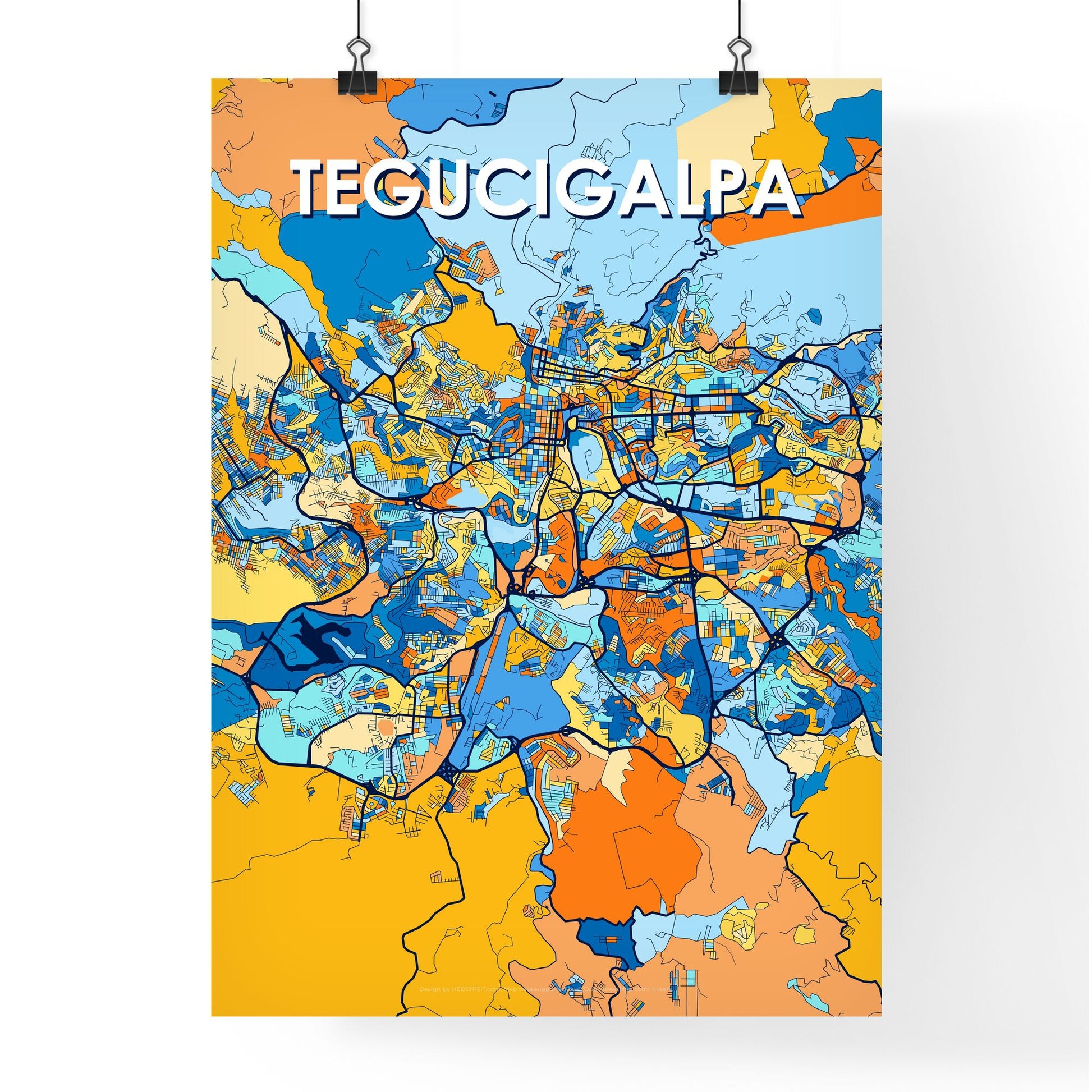 TEGUCIGALPA HONDURAS Vibrant Colorful Art Map Poster Blue Orange