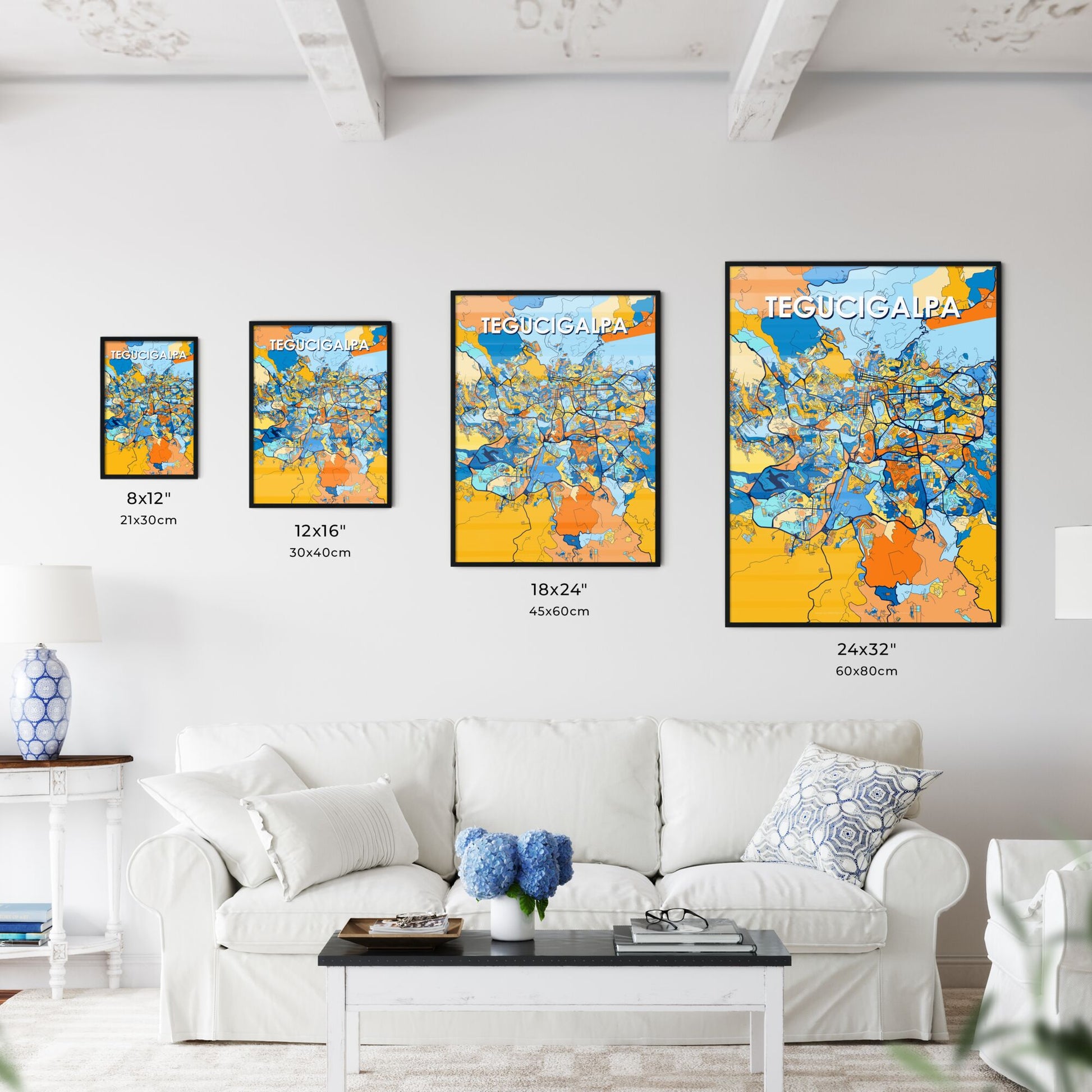 TEGUCIGALPA HONDURAS Vibrant Colorful Art Map Poster Blue Orange