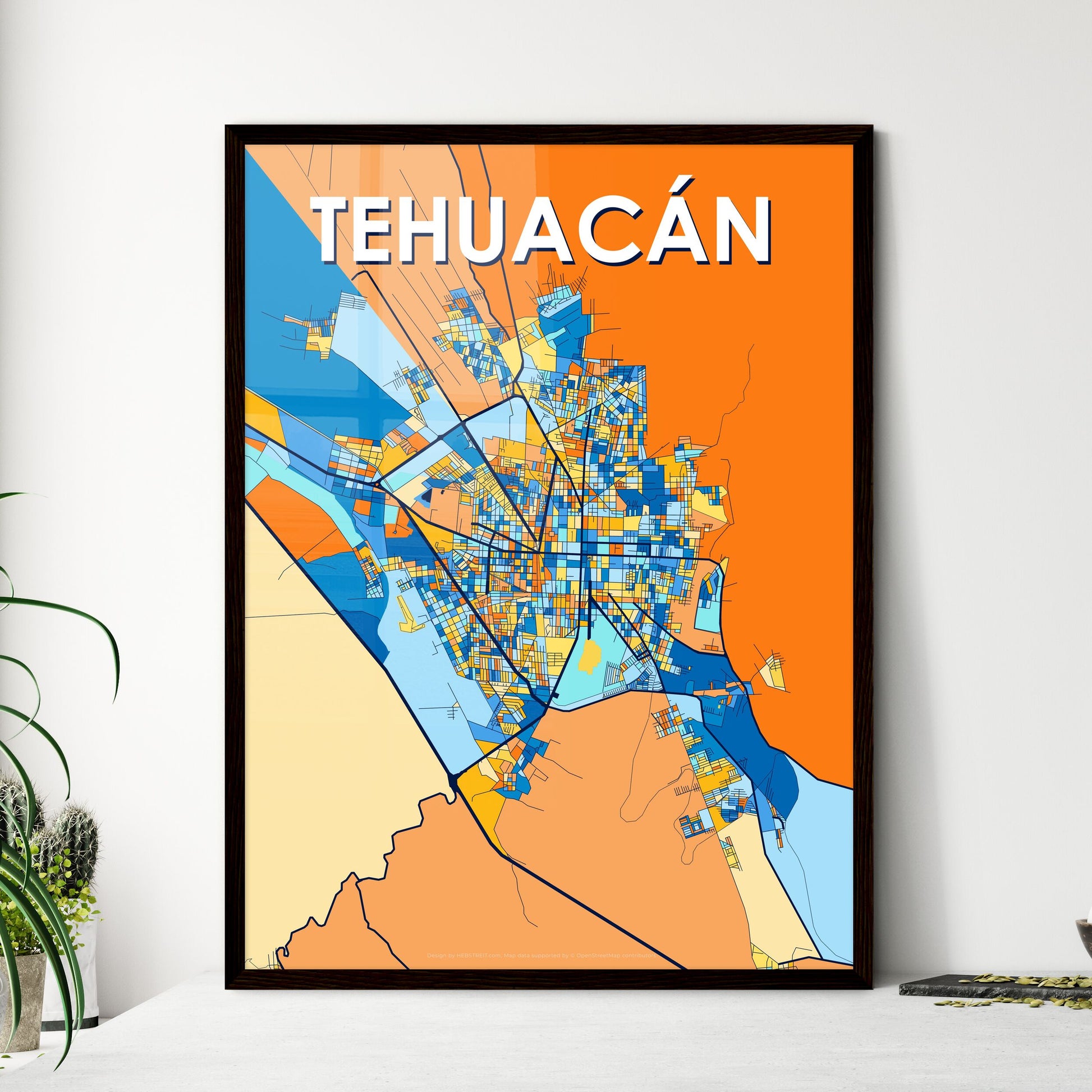 TEHUACÁN MEXICO Vibrant Colorful Art Map Poster Blue Orange