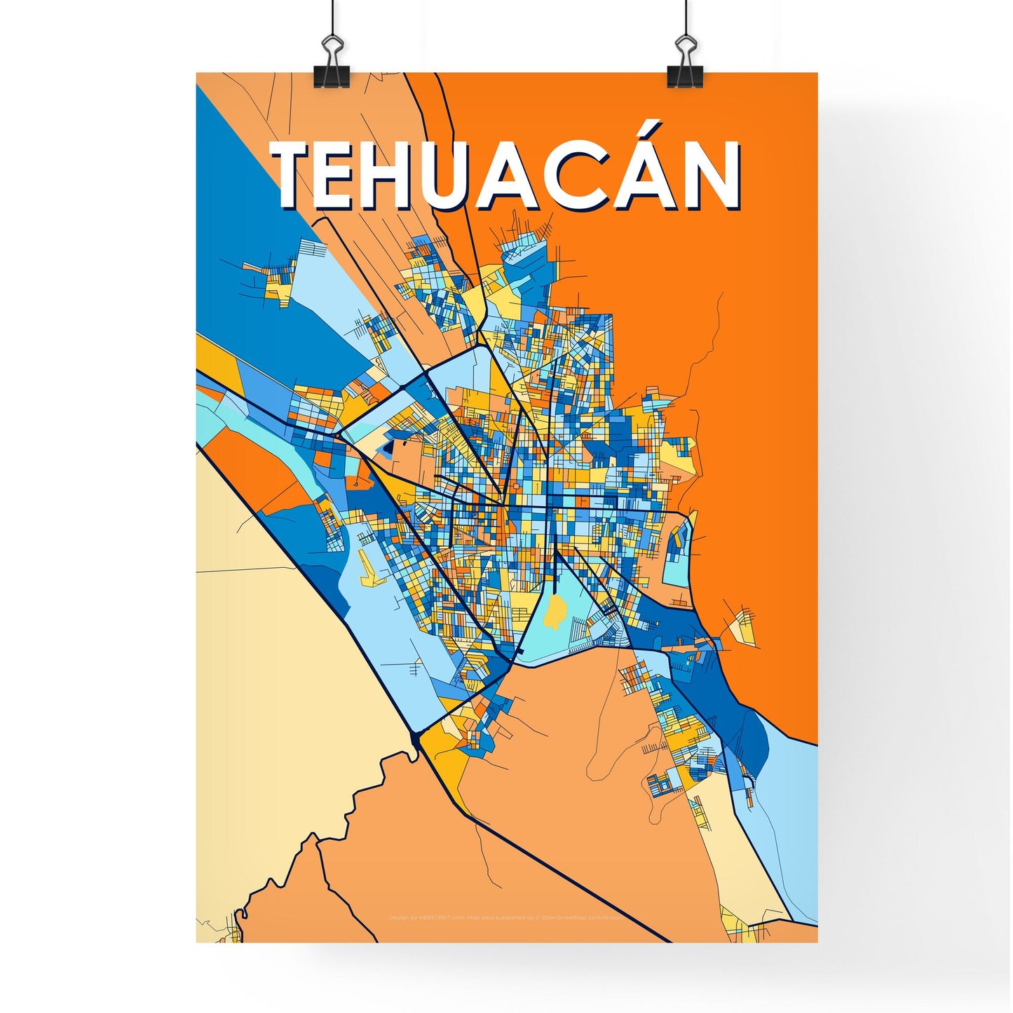 TEHUACÁN MEXICO Vibrant Colorful Art Map Poster Blue Orange