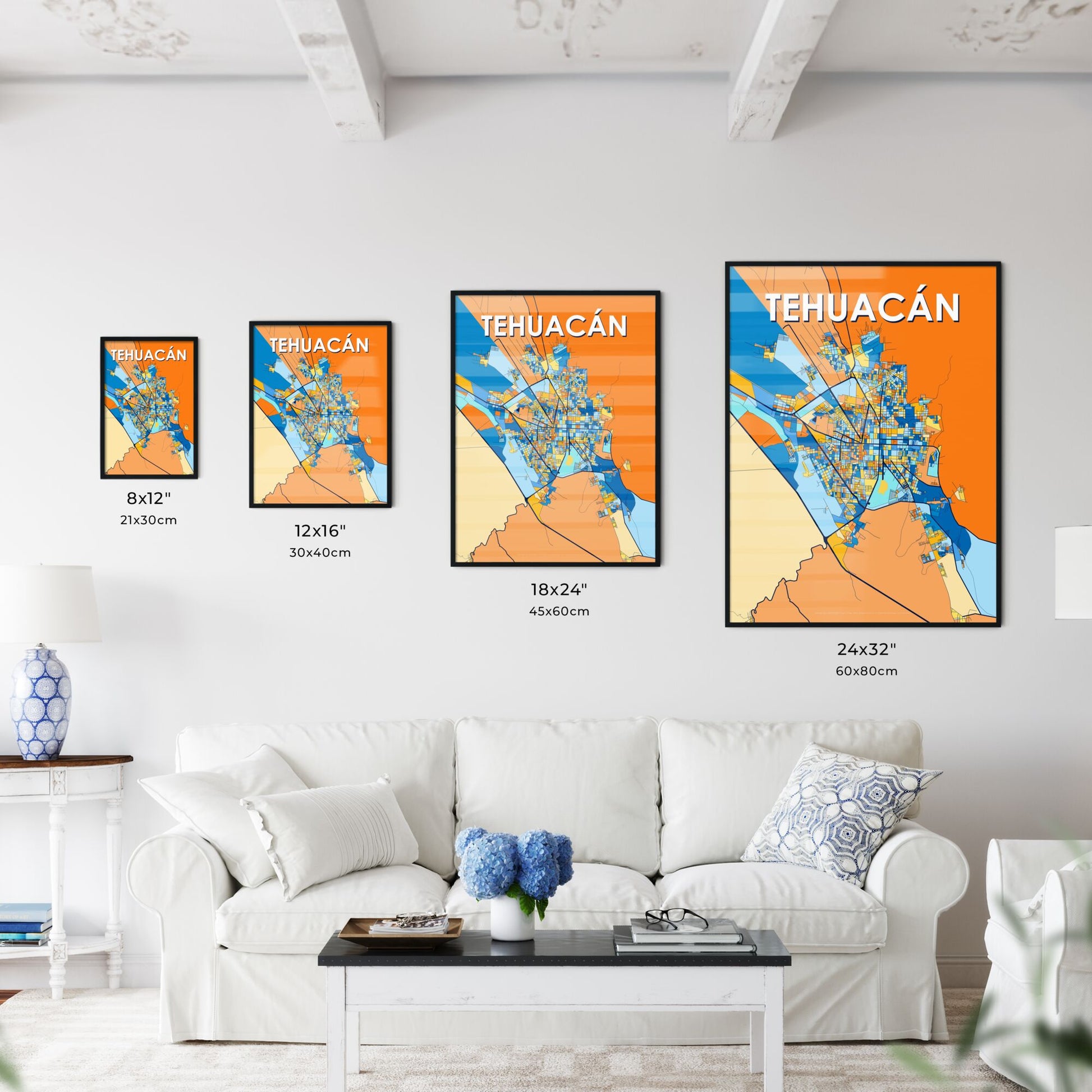 TEHUACÁN MEXICO Vibrant Colorful Art Map Poster Blue Orange