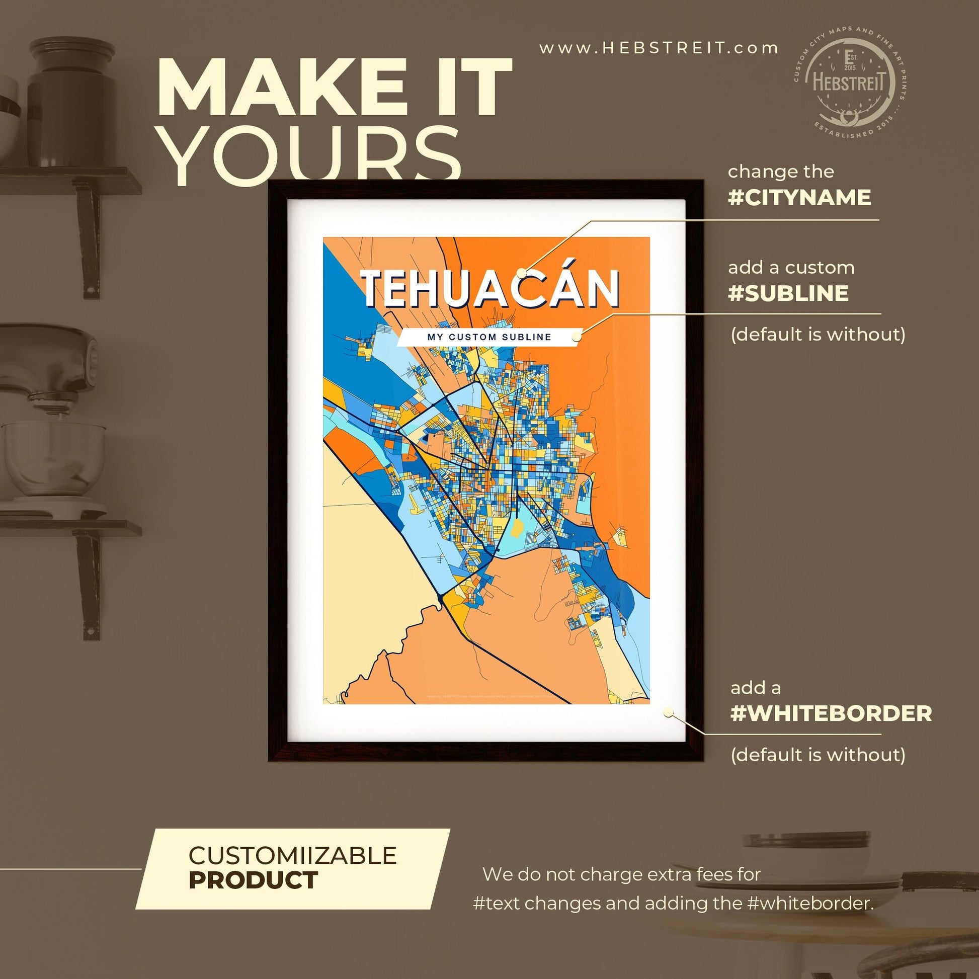 TEHUACÁN MEXICO Vibrant Colorful Art Map Poster Blue Orange