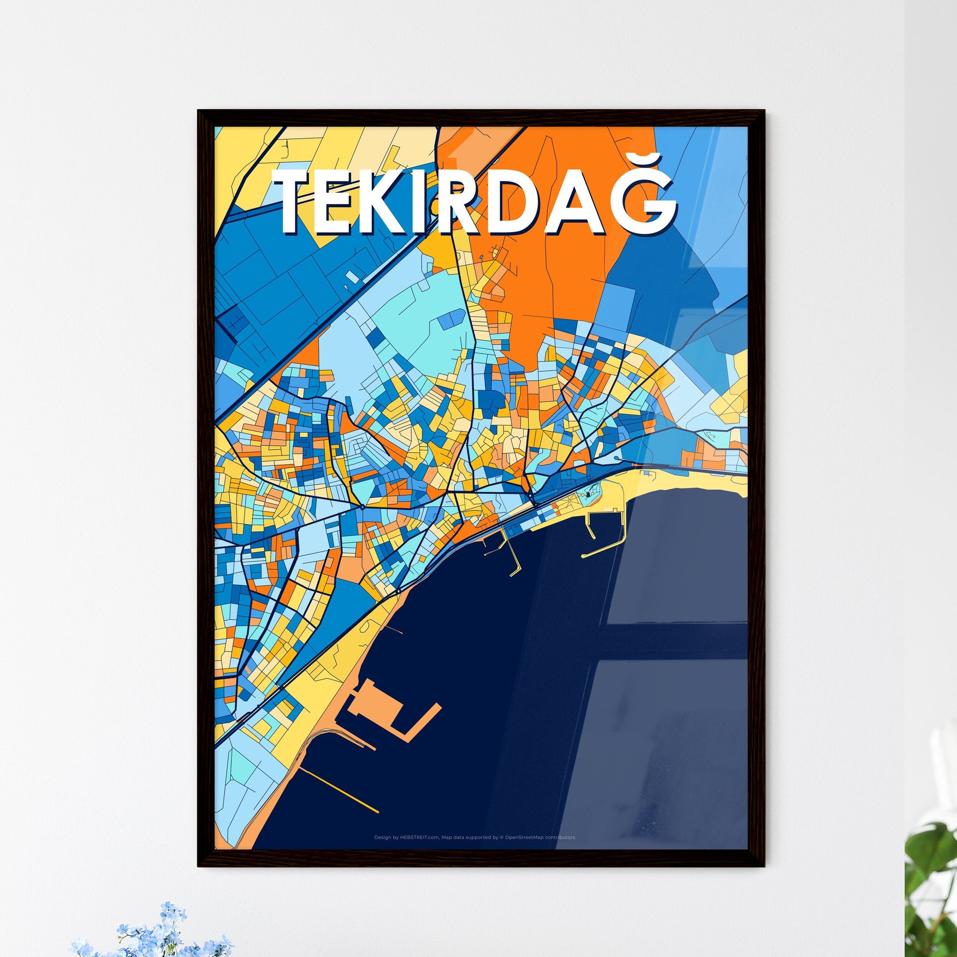 TEKIRDAĞ TURKEY Vibrant Colorful Art Map Poster Blue Orange